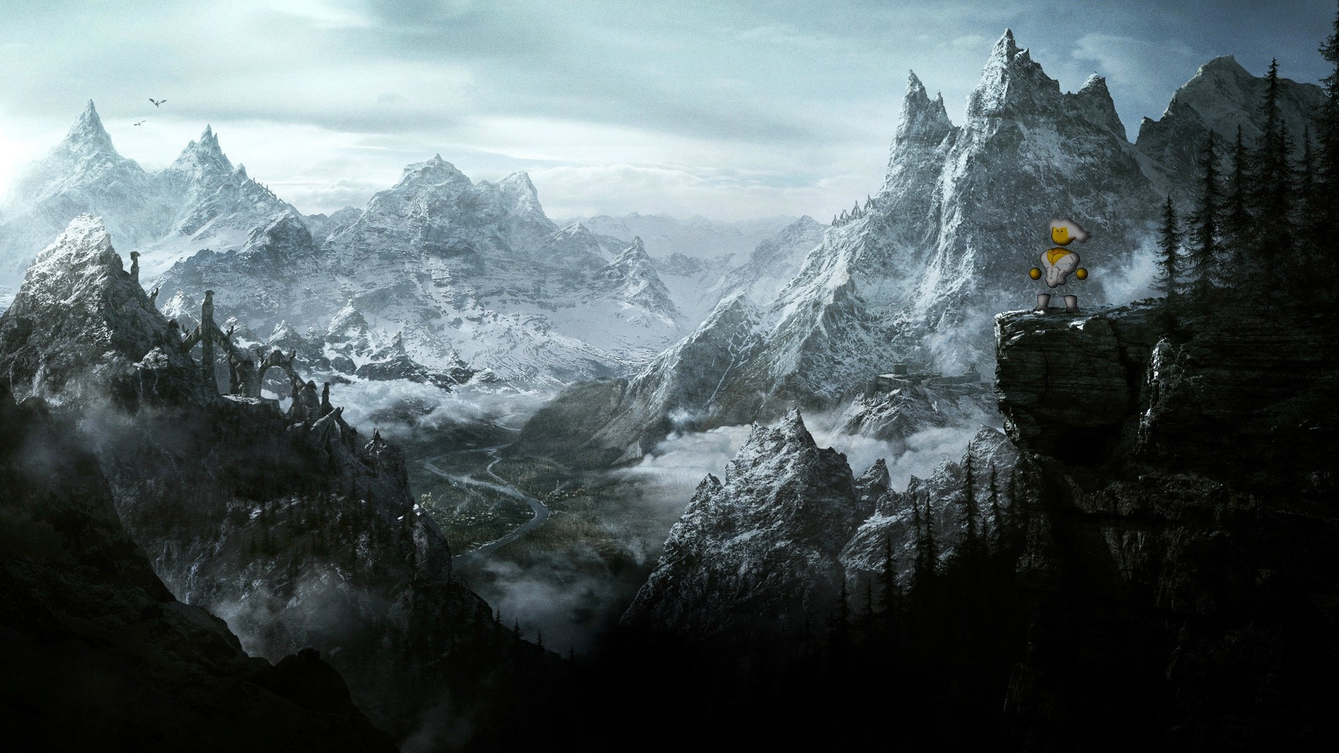 Robot on a cliff overlooking a snowy mountain valley HD Wallpaper