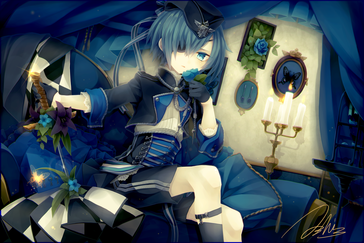 Anime boy with blue hair and eye patch holding a rose HD Wallpaper