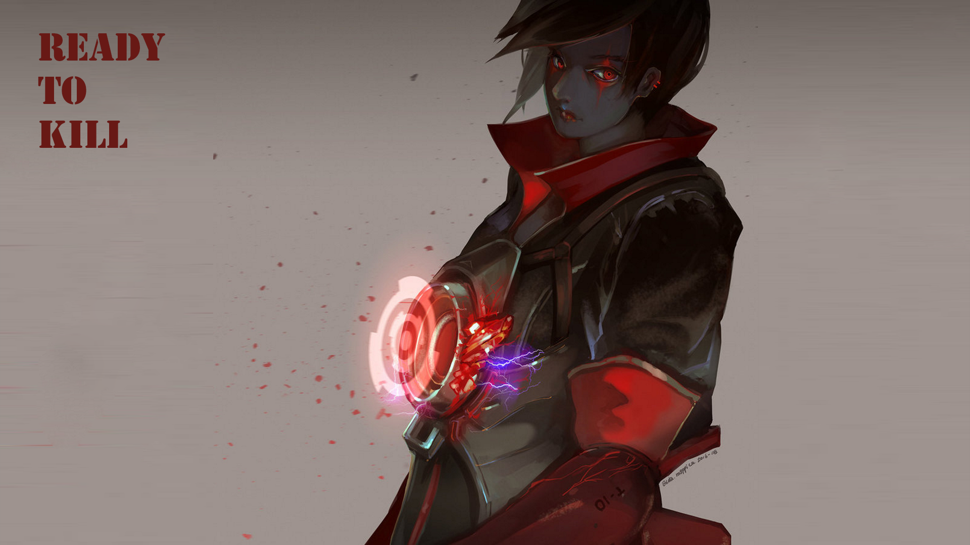 Anime character with red accents and glowing device HD Wallpaper