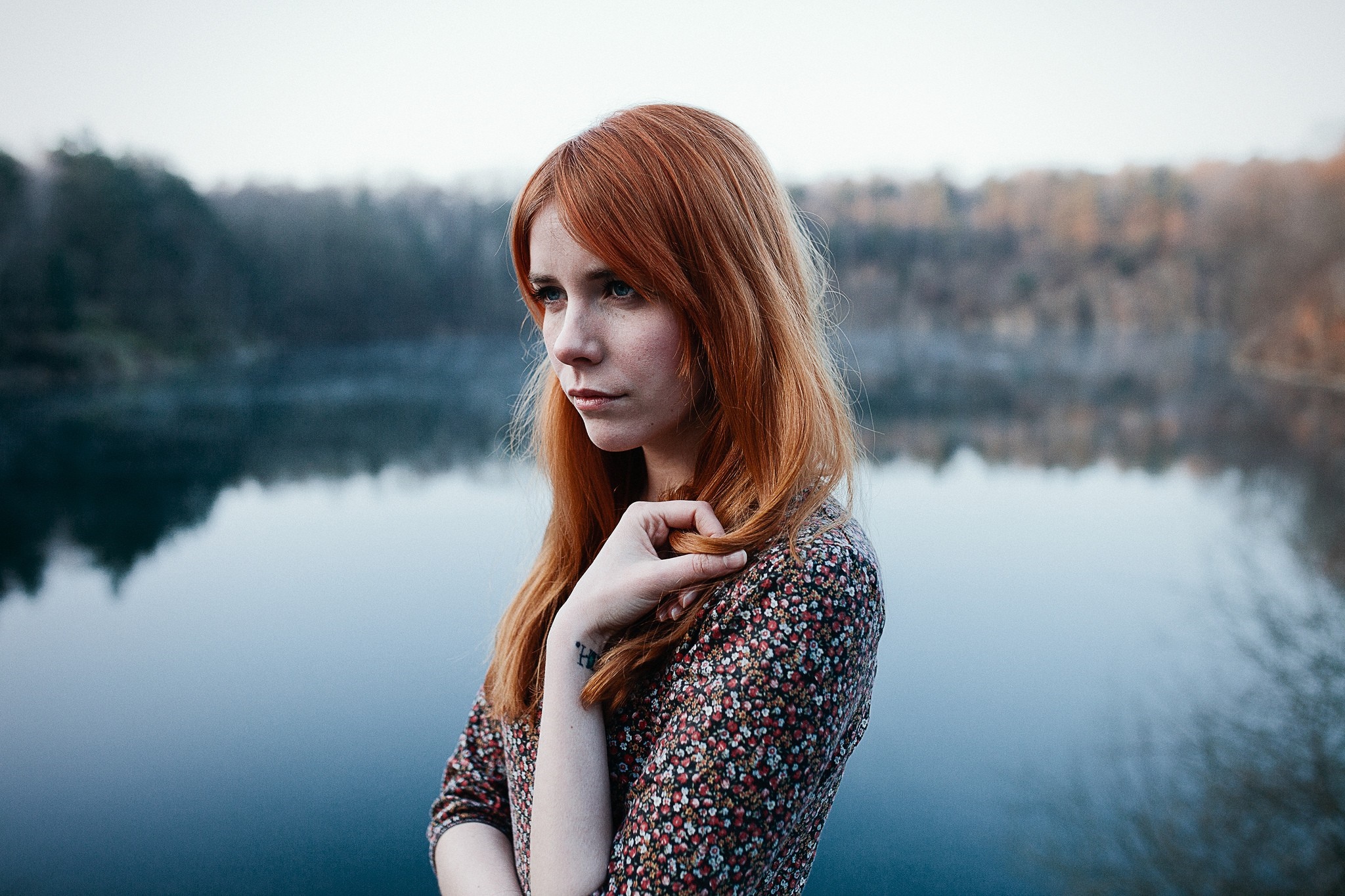 Woman with red hair by a lake HD Wallpaper