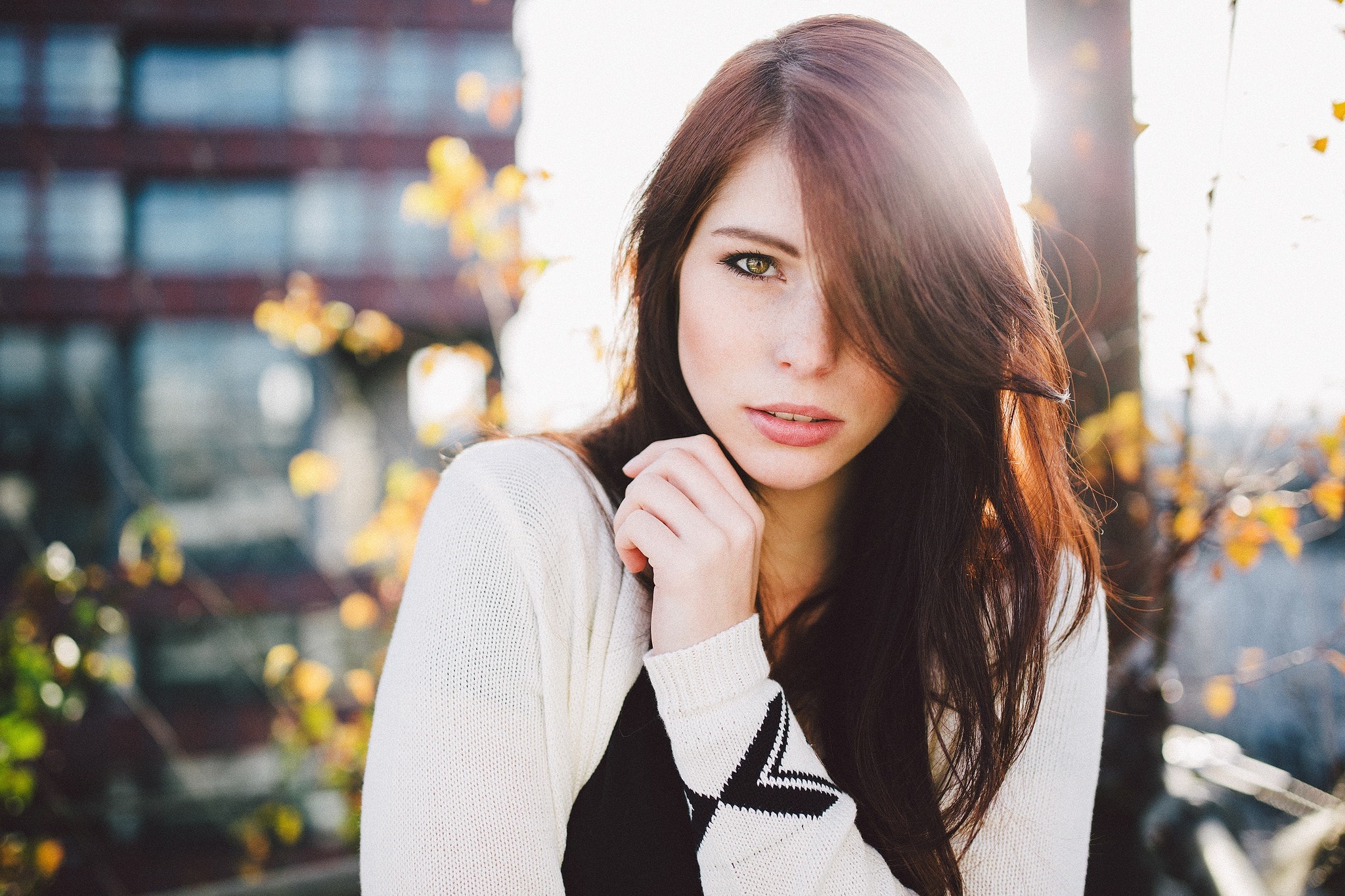 Woman with long brown hair and white cardigan HD Wallpaper