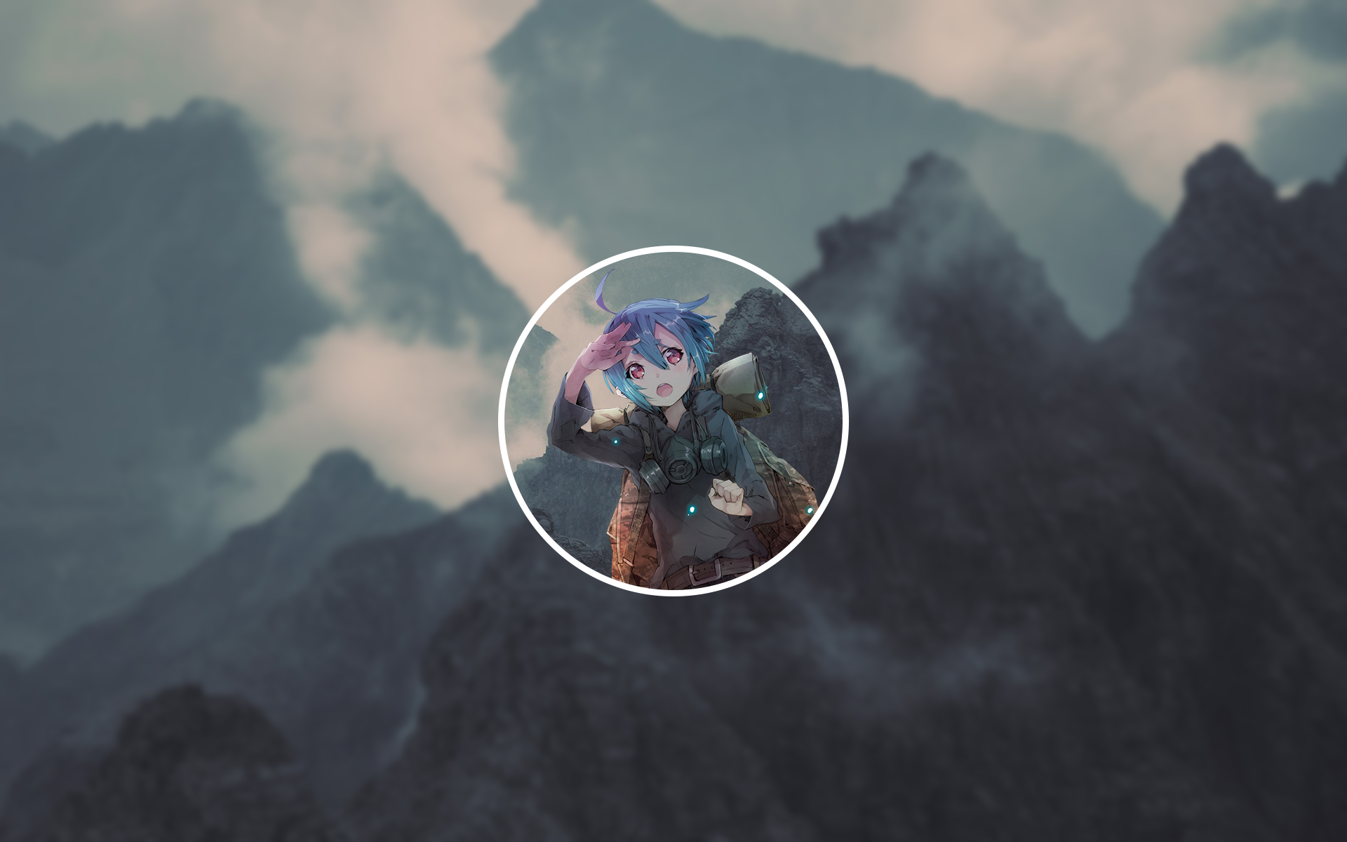 Anime girl with blue hair in a circle over mountains HD Wallpaper