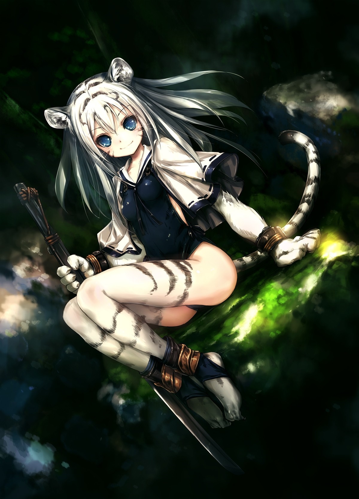 Anime girl with white tiger features and sword HD Wallpaper