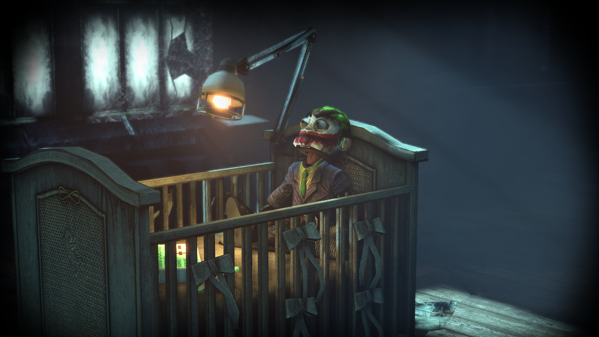 The Joker doll in a crib from Batman: Arkham City HD Wallpaper