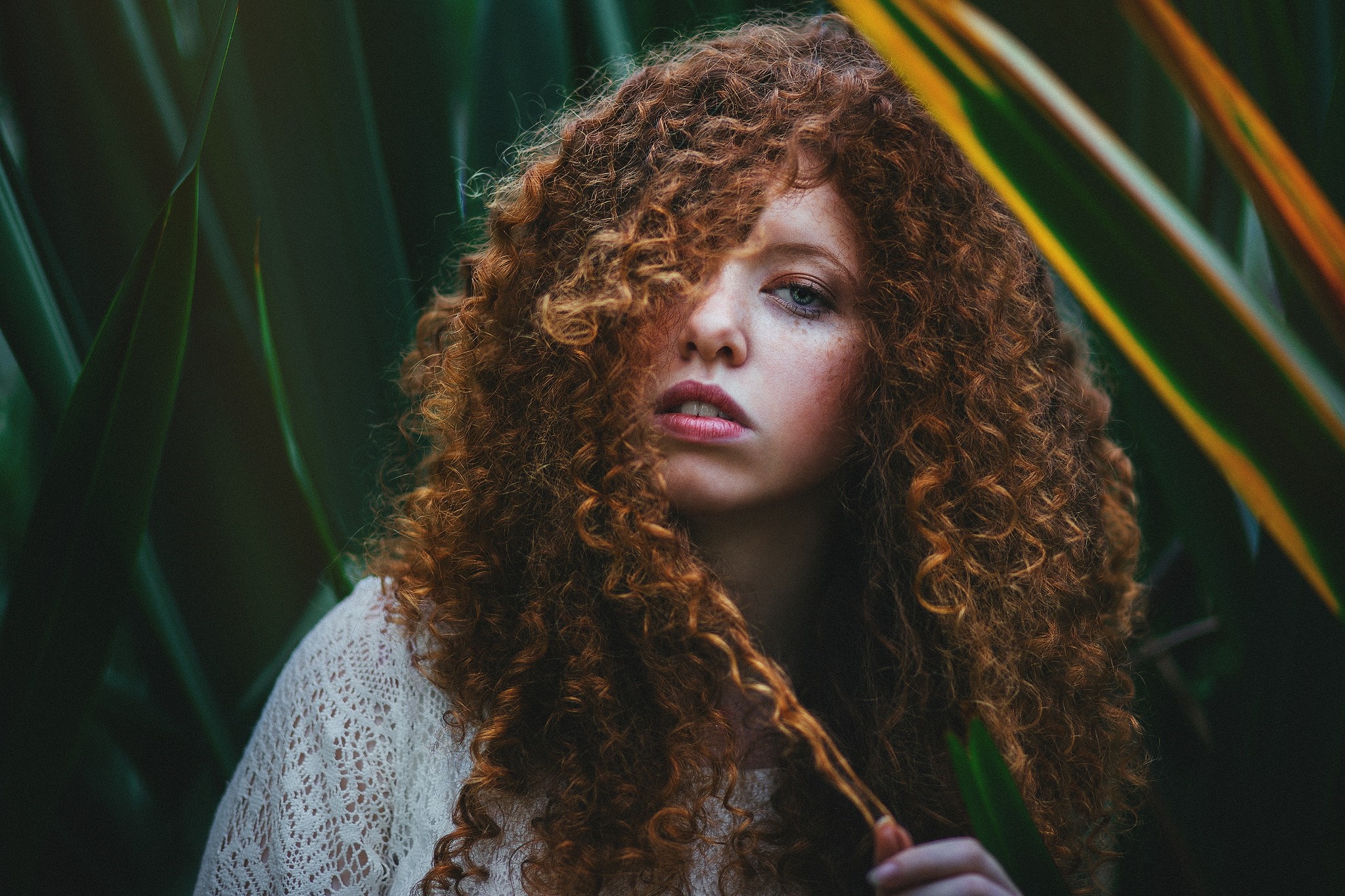 Woman with curly red hair and freckles HD Wallpaper