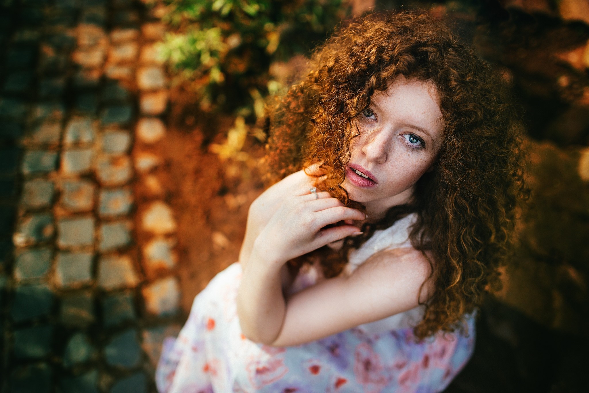 Woman with curly red hair and blue eyes HD Wallpaper