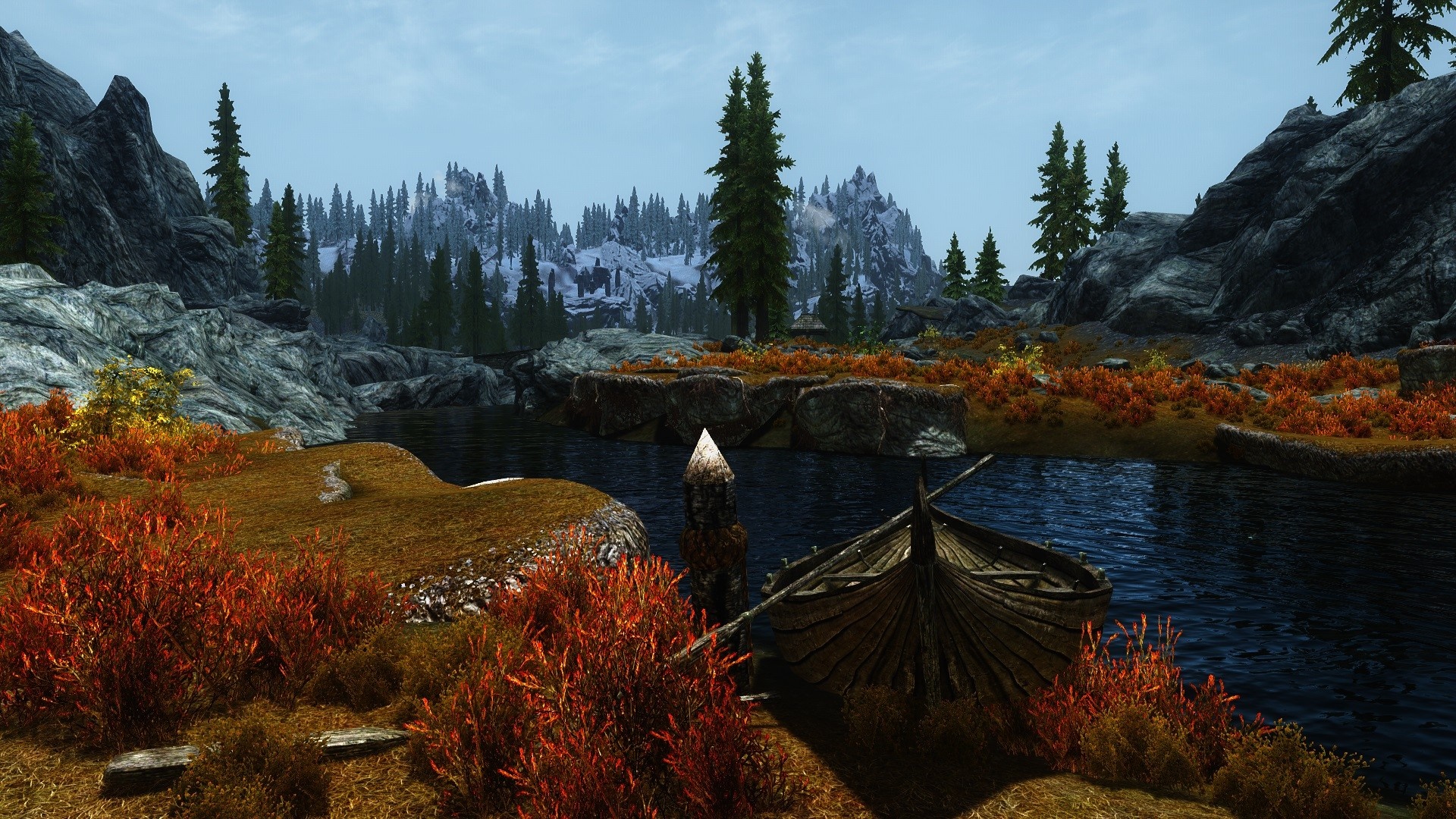 The Elder Scrolls V Skyrim landscape with lake and mountains HD Wallpaper