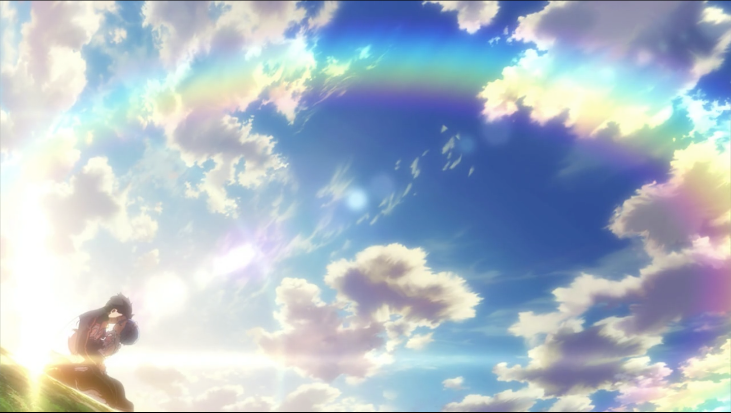 Rem and Subaru from Re:Zero embracing under a rainbow HD Wallpaper
