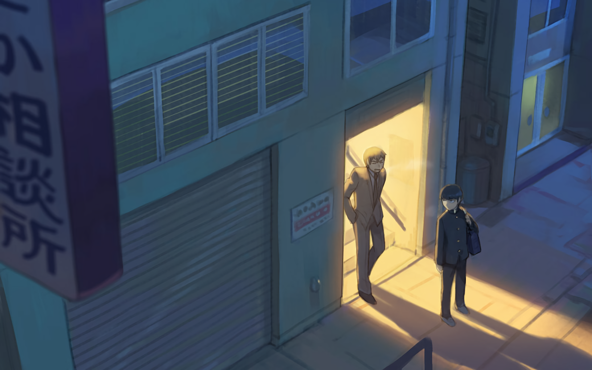 Mob Psycho 100: Shigeo and Reigen outside an office HD Wallpaper