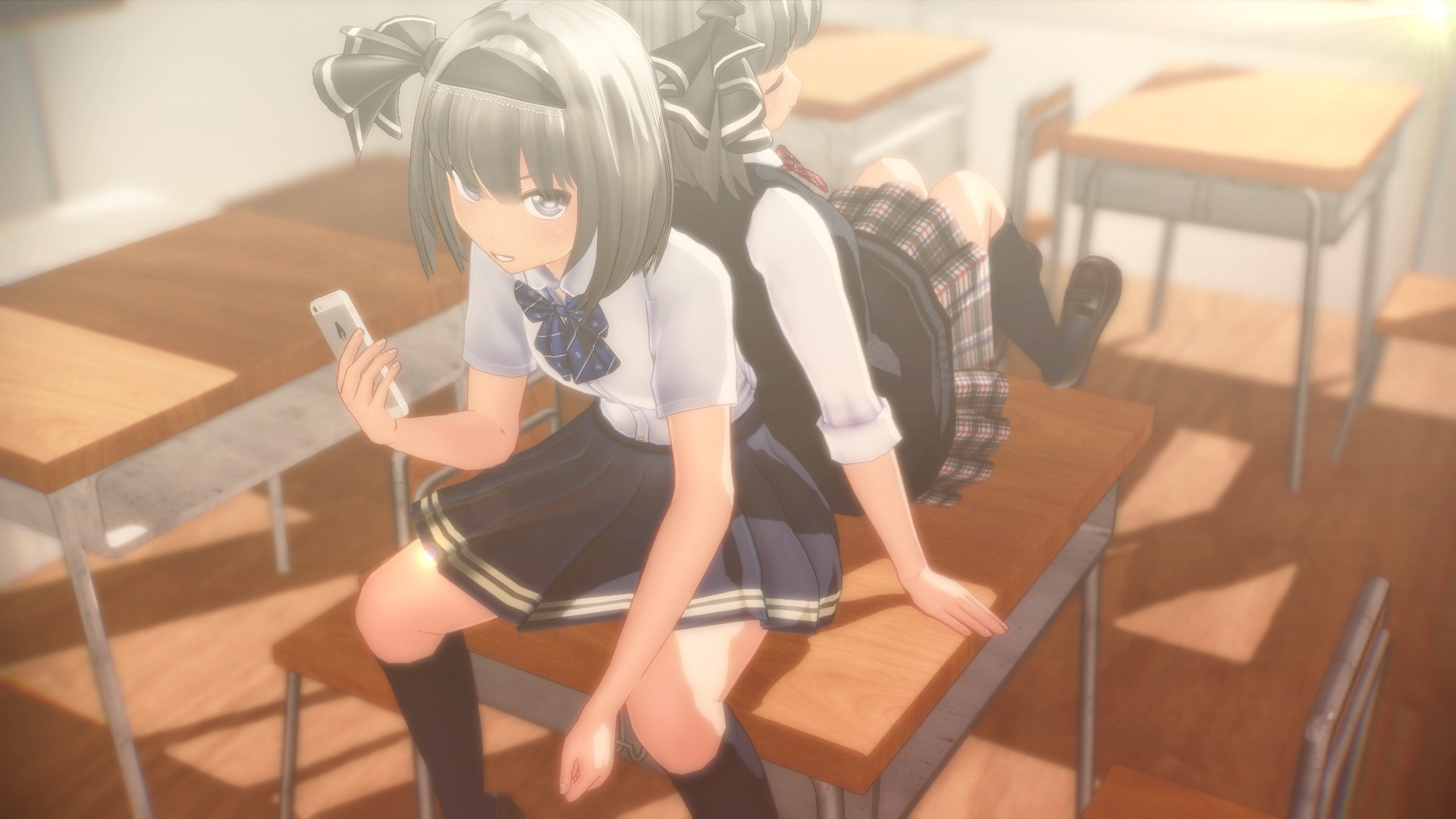 Anime schoolgirls with phones in classroom HD Wallpaper