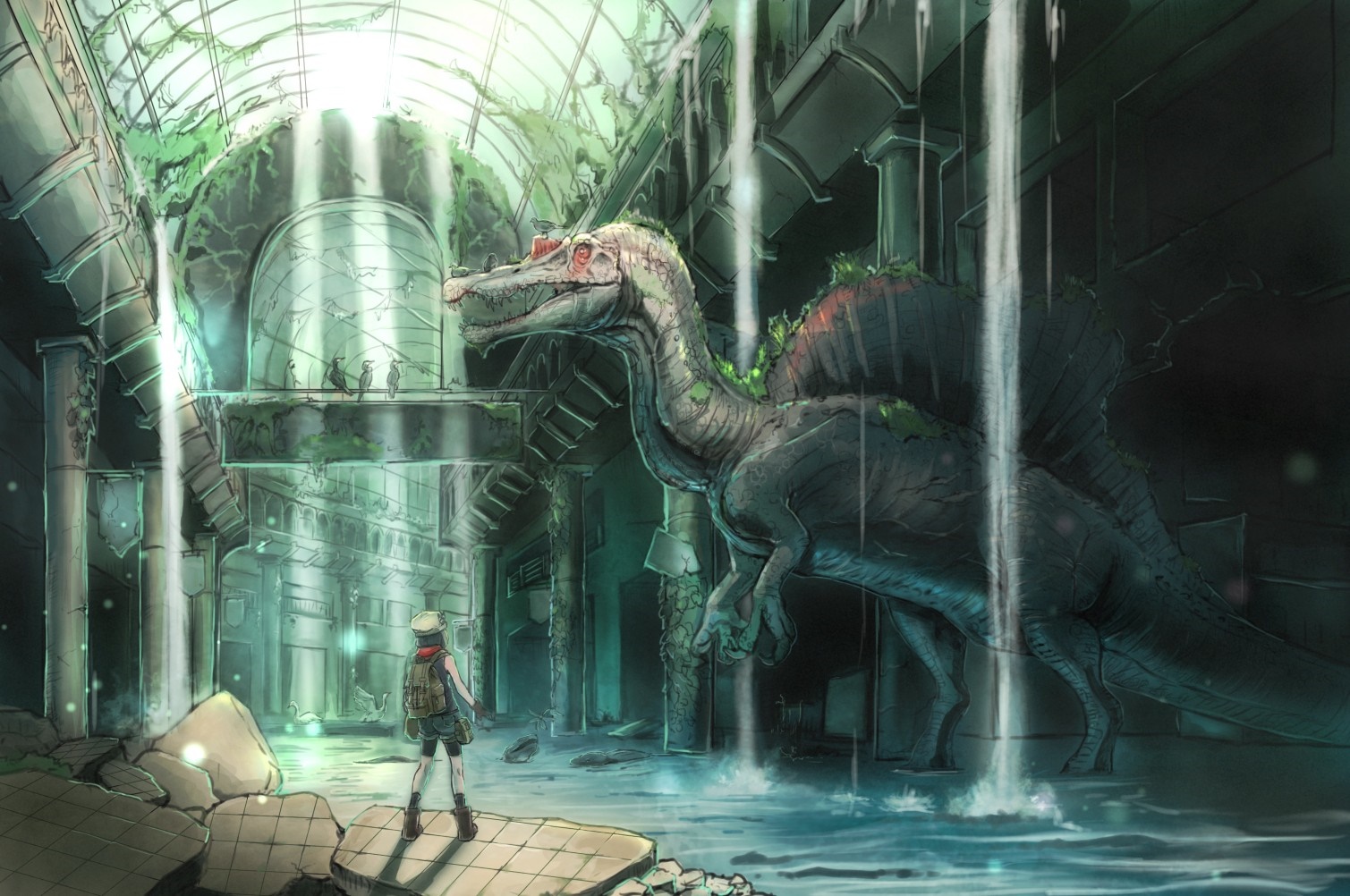 Spinosaurus in a ruined building with a girl HD Wallpaper