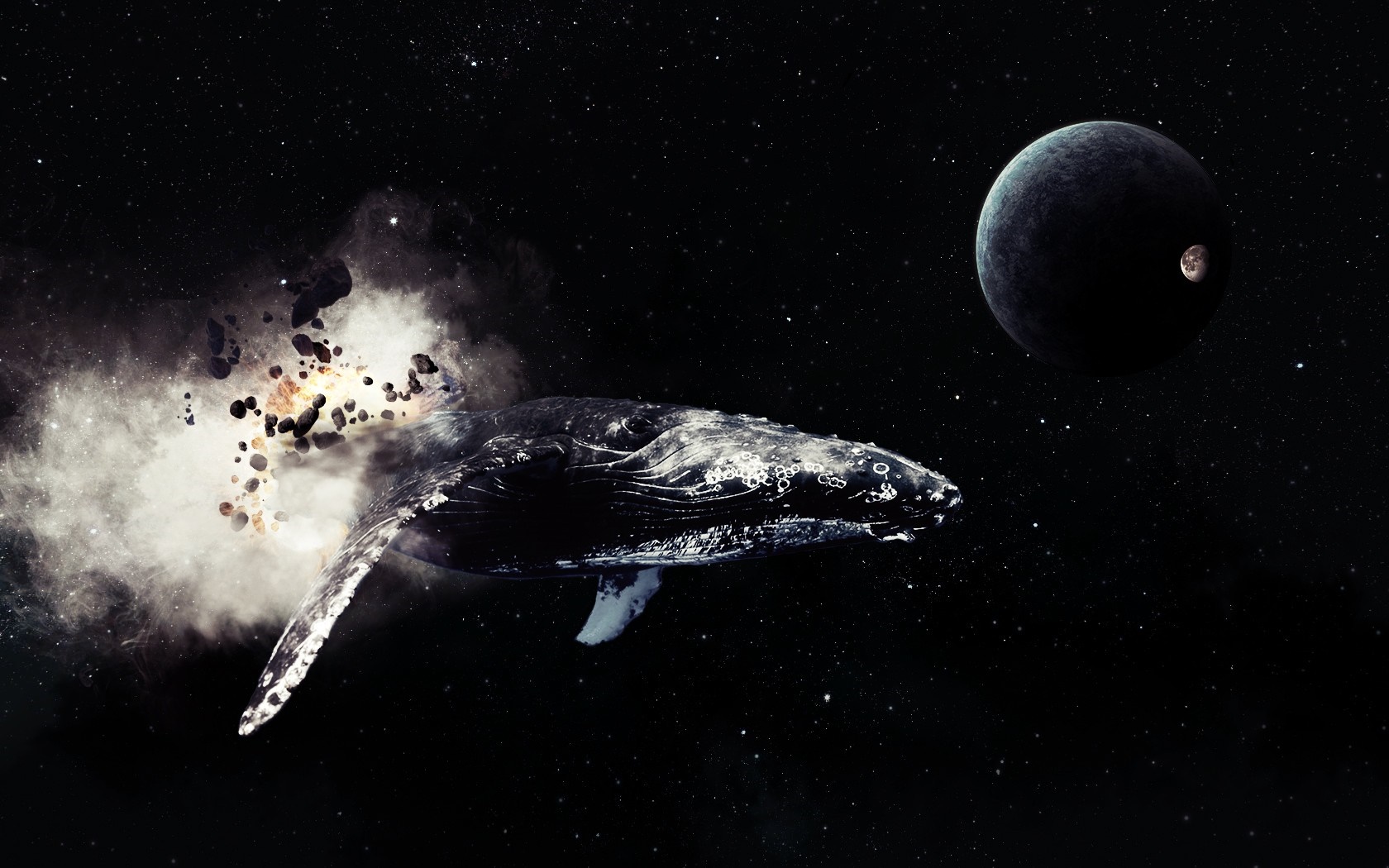 Whale swimming in space near a planet and moon HD Wallpaper
