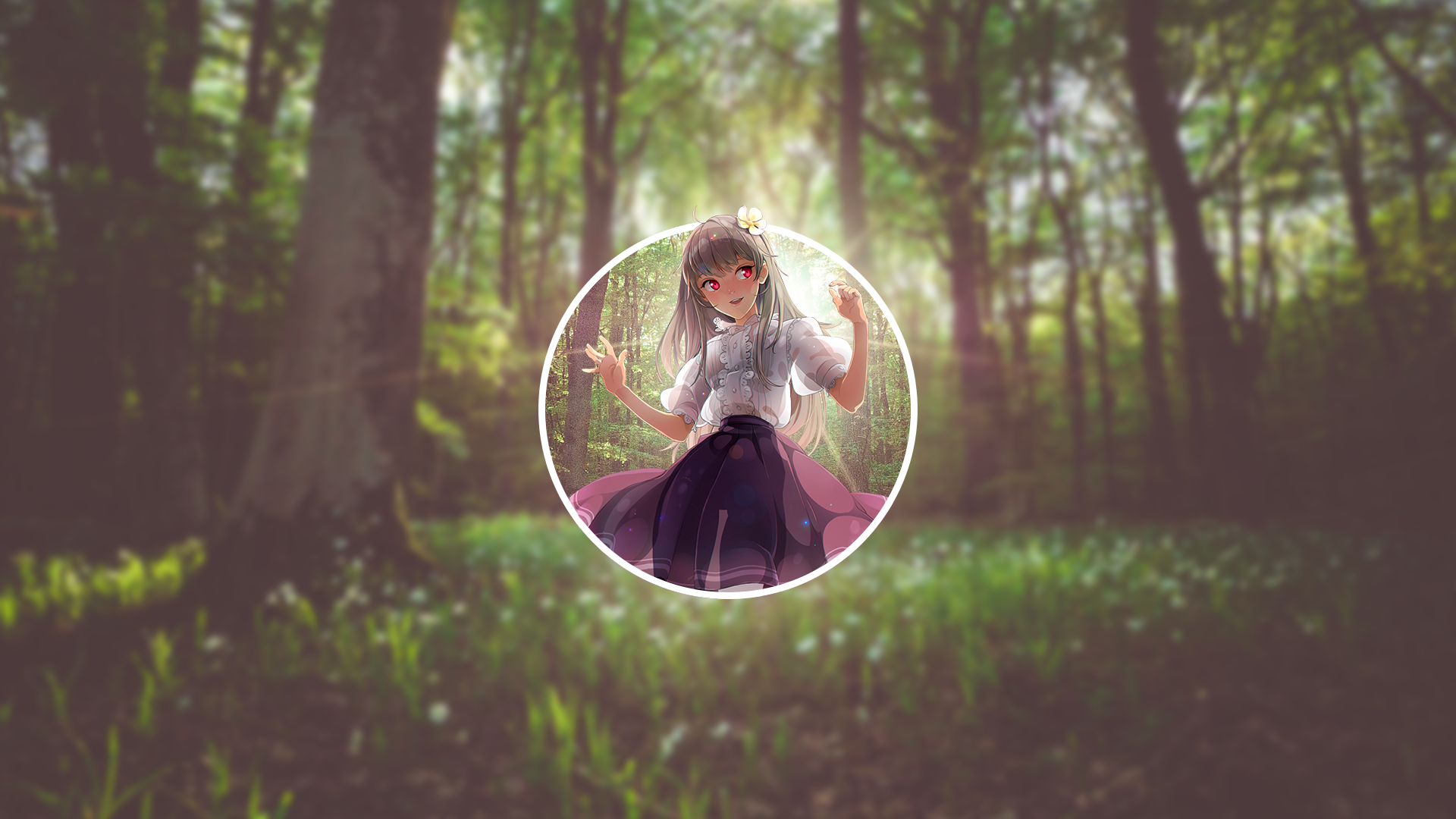 Anime girl with flower in hair in a forest HD Wallpaper