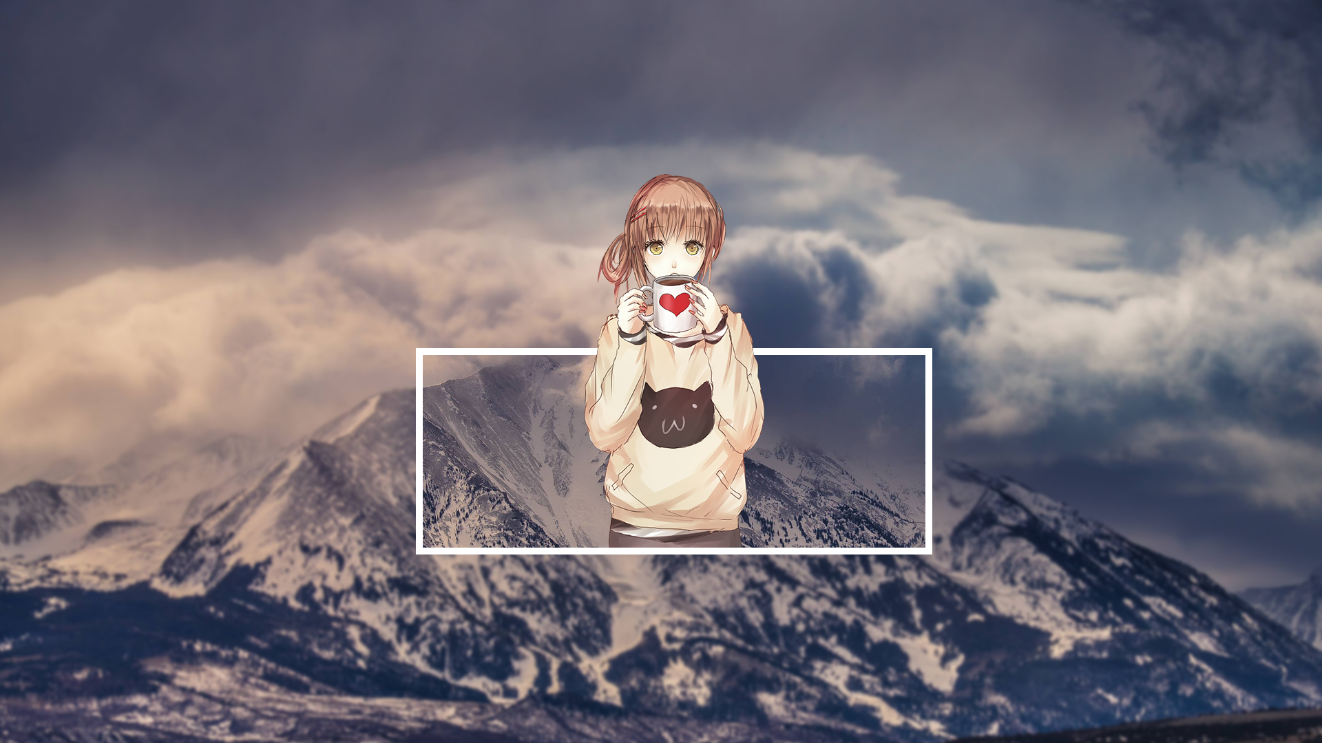 Anime girl with coffee mug in snowy mountains HD Wallpaper
