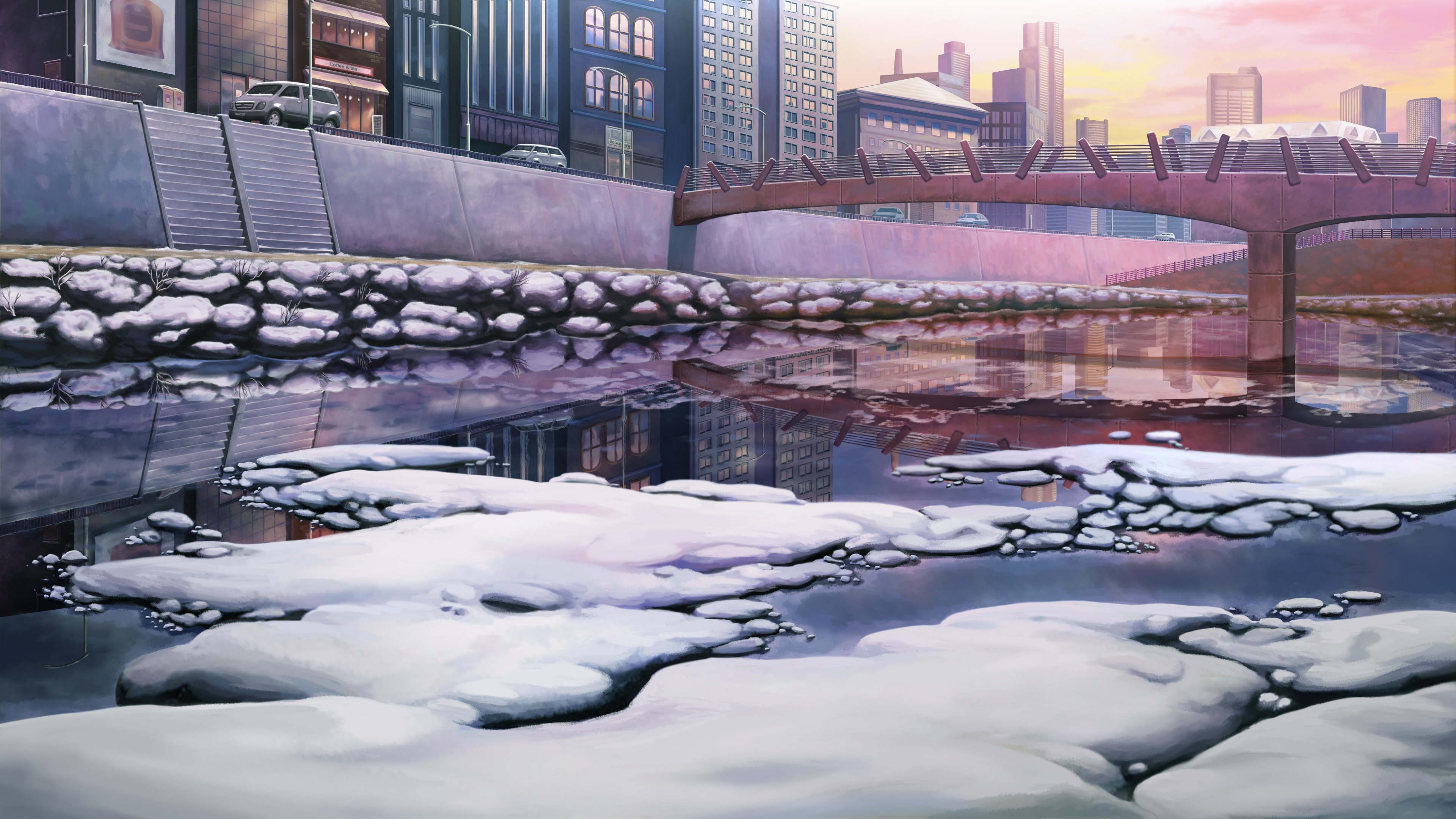 Cityscape with a bridge over a river in winter HD Wallpaper