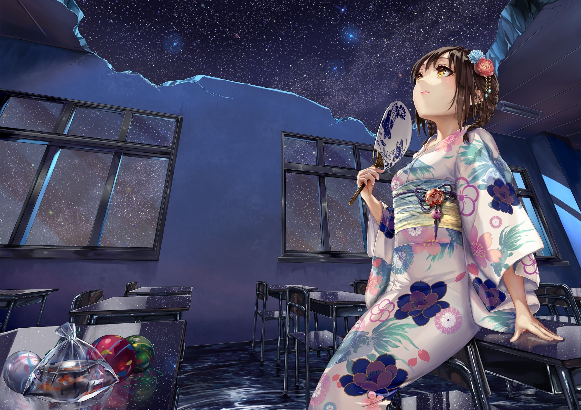 Anime girl in yukata holding a fan in a classroom at night HD Wallpaper