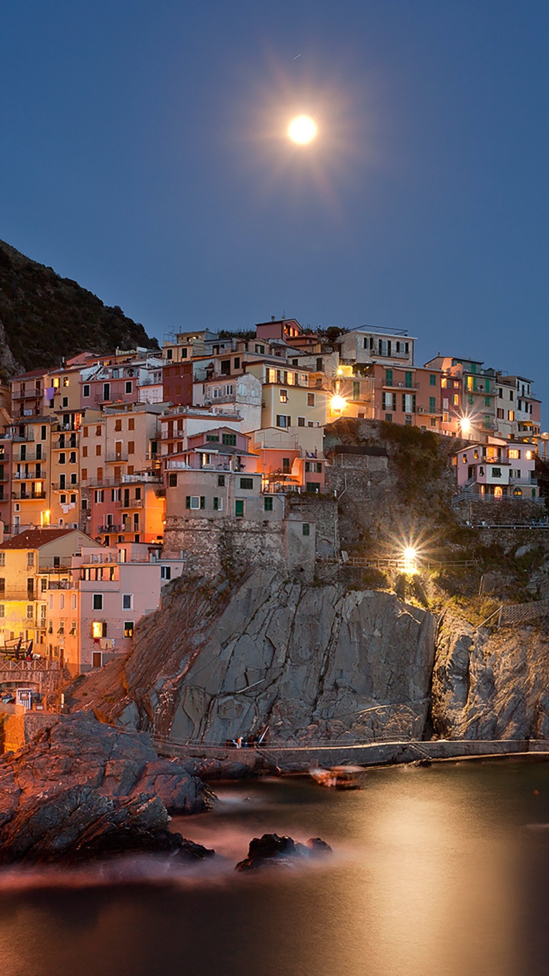 Manarola village at night with moon over the sea HD Wallpaper
