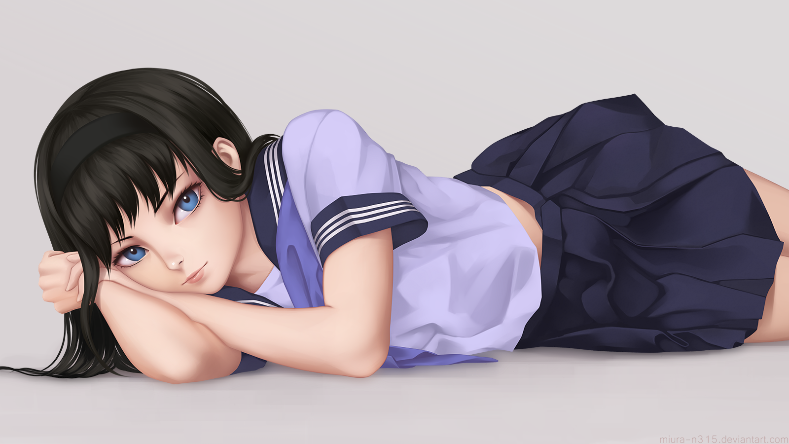 Anime girl with black hair and blue eyes lying down HD Wallpaper