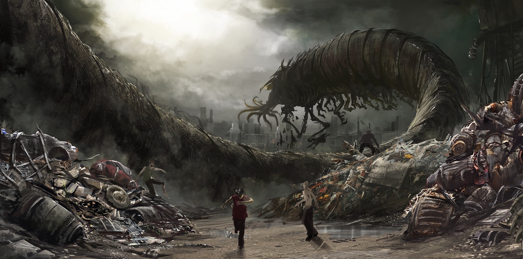 Giant creature over a destroyed cityscape with people running HD Wallpaper