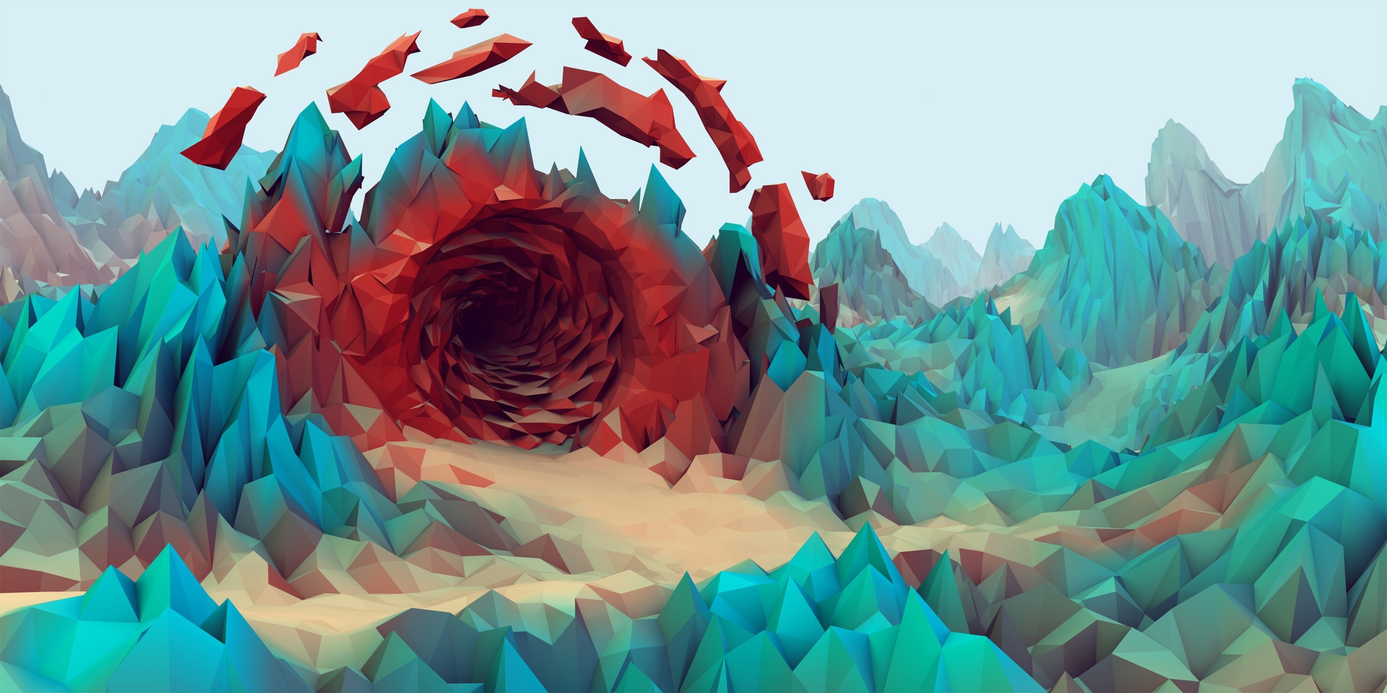 Low poly landscape with a swirling vortex HD Wallpaper