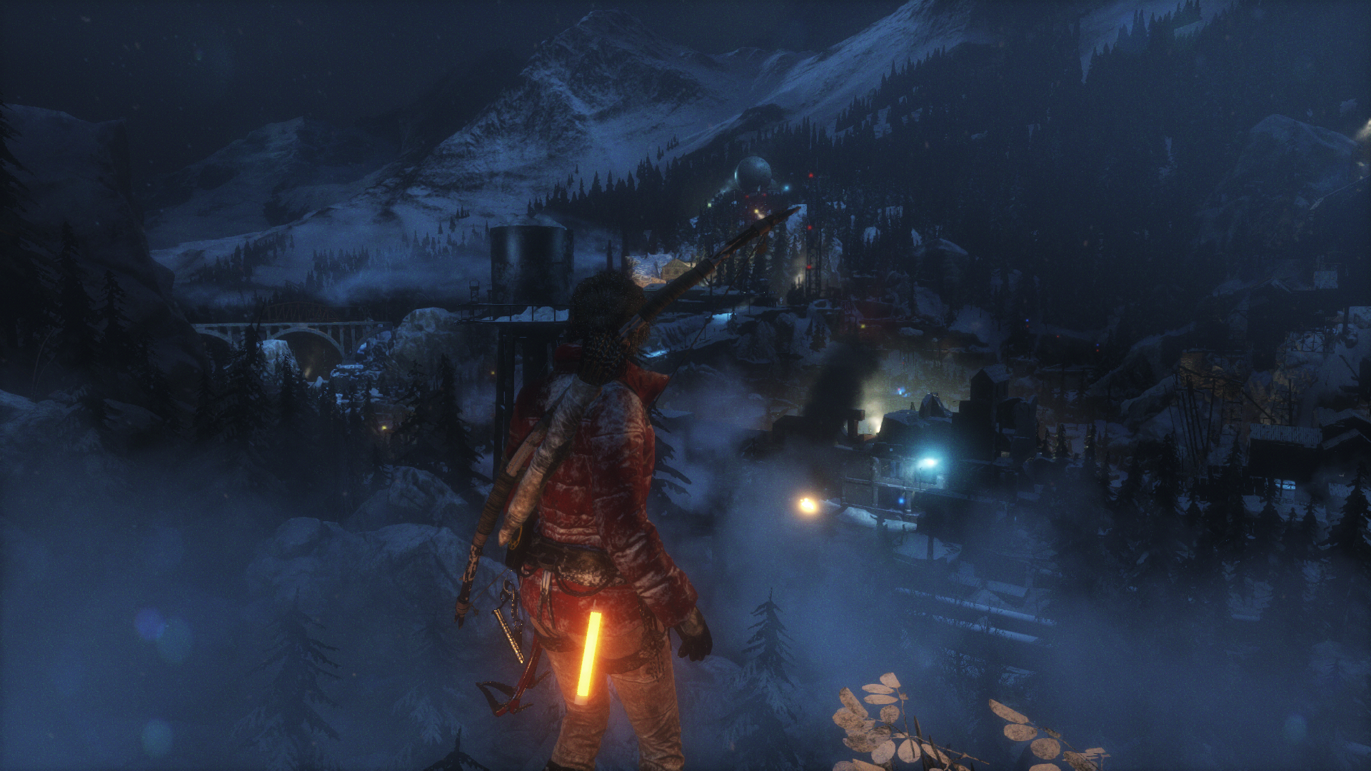 Lara Croft from Rise of the Tomb Raider in a snowy village at night HD Wallpaper