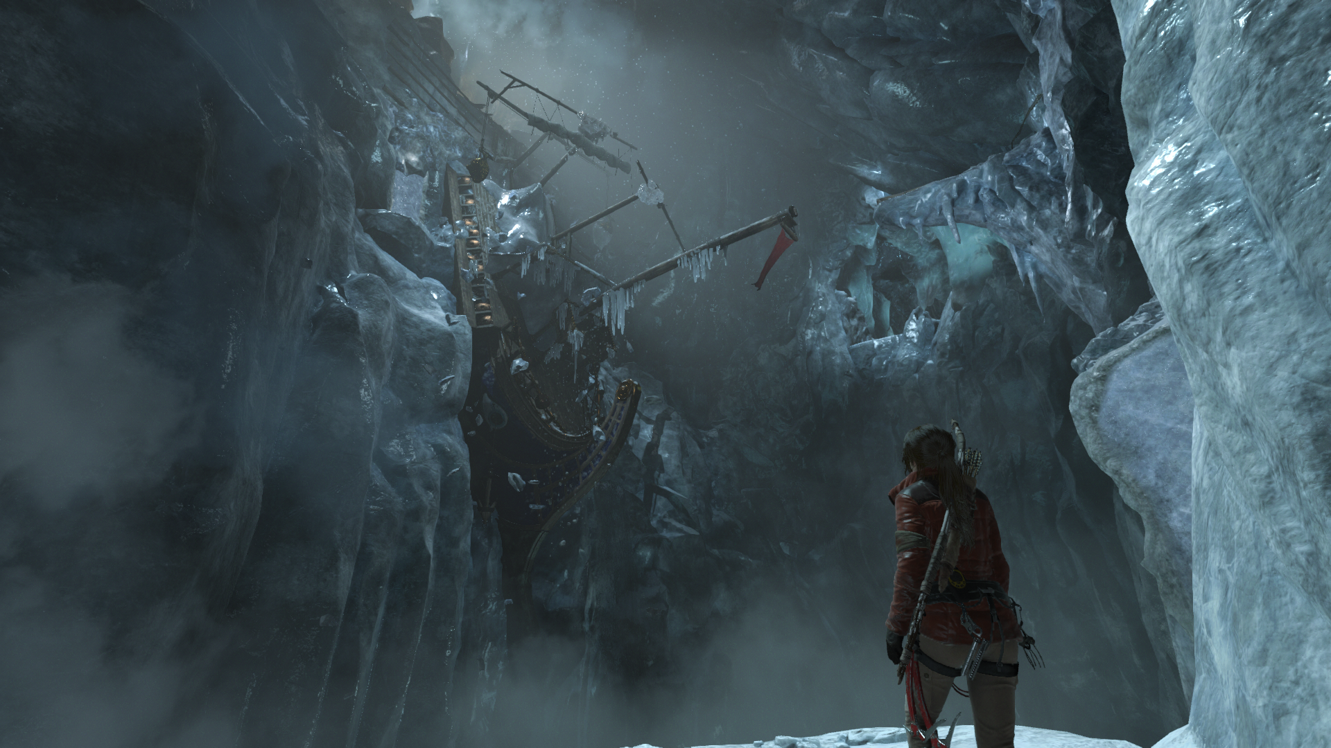 Lara Croft from Rise of the Tomb Raider in an ice cave with a shipwreck HD Wallpaper