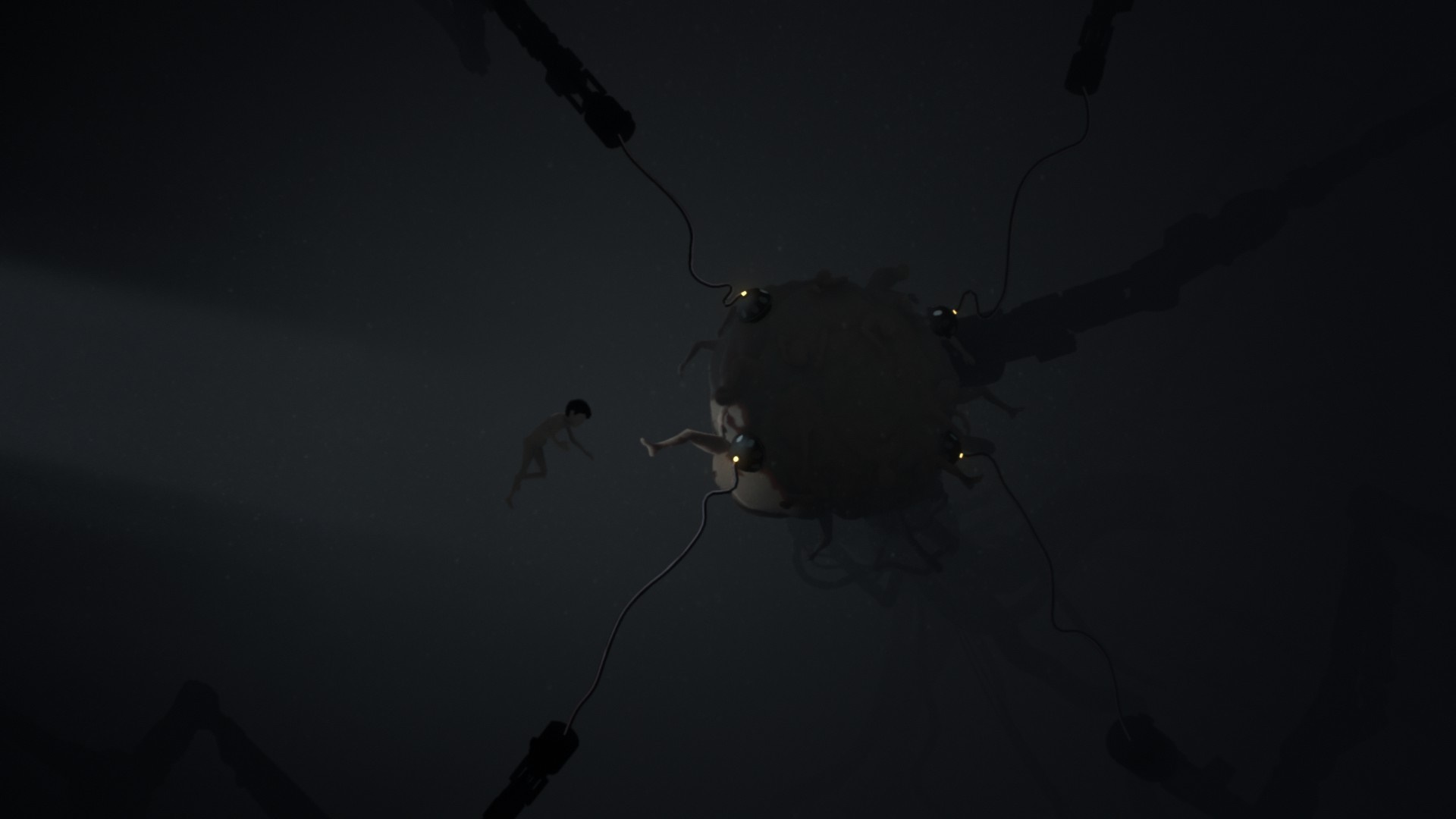 Boy and large insect creature in darkness HD Wallpaper