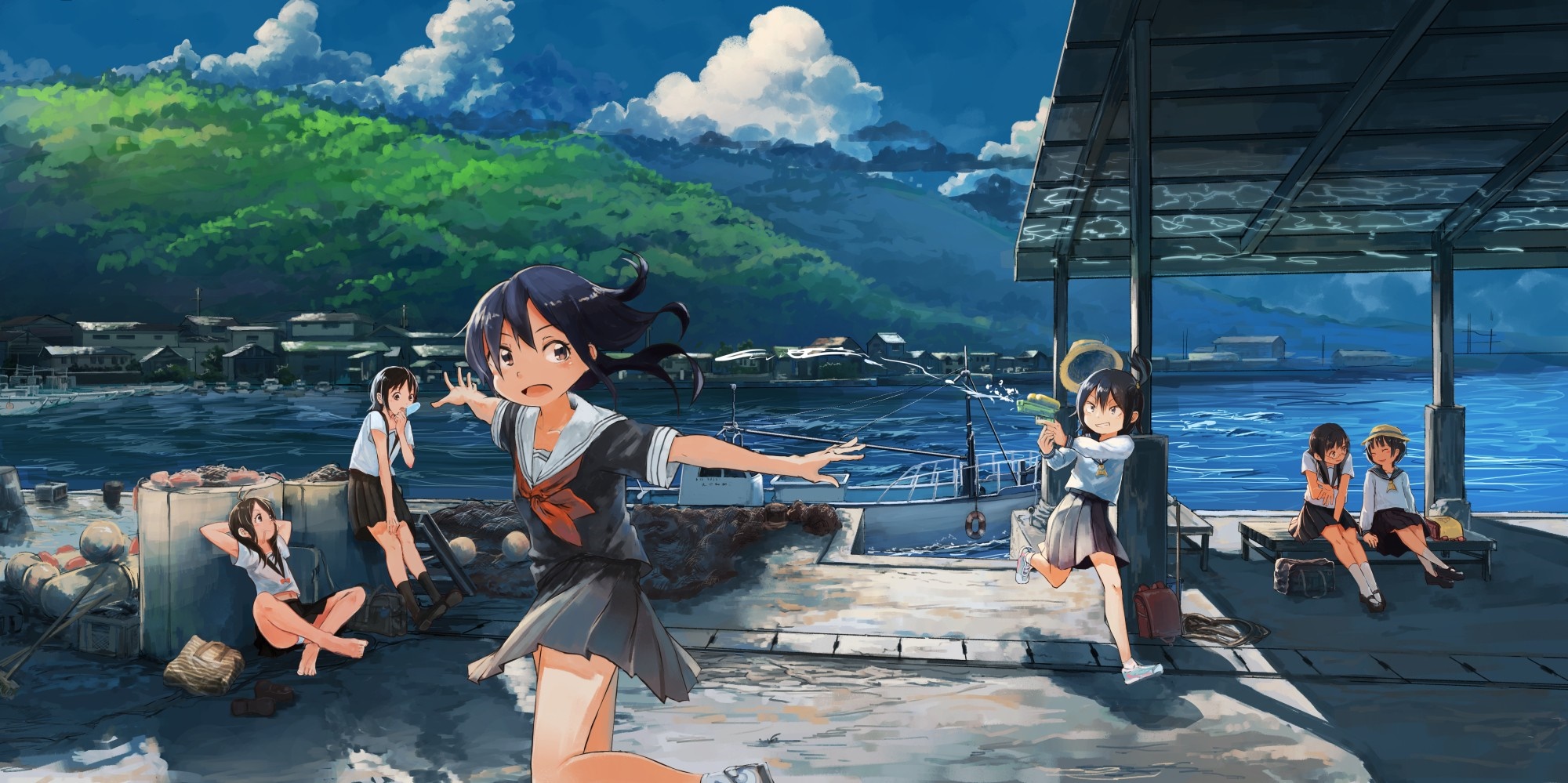 Girls in sailor uniforms at a seaside town HD Wallpaper