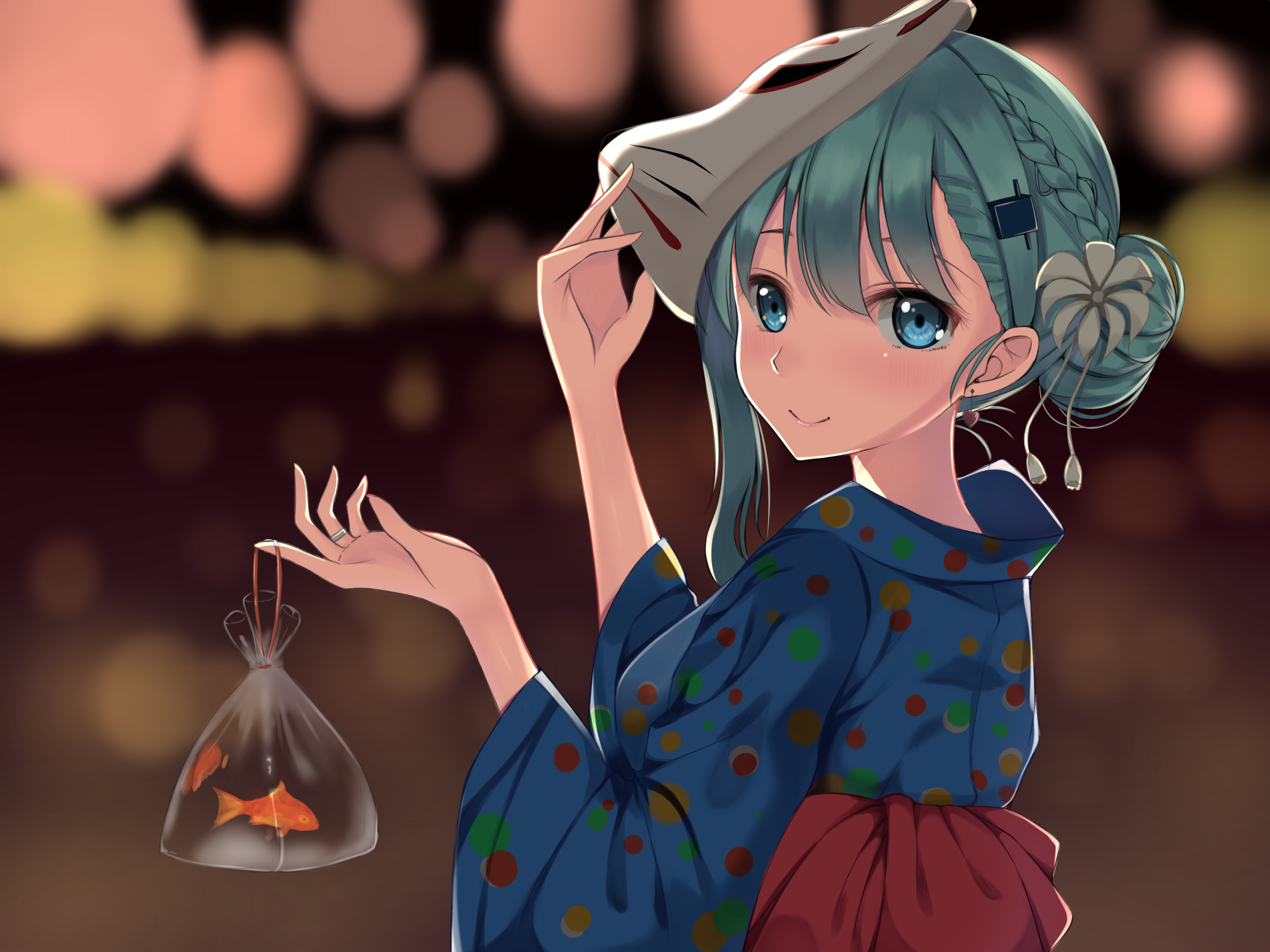 Anime girl in yukata holding a bag of goldfish HD Wallpaper