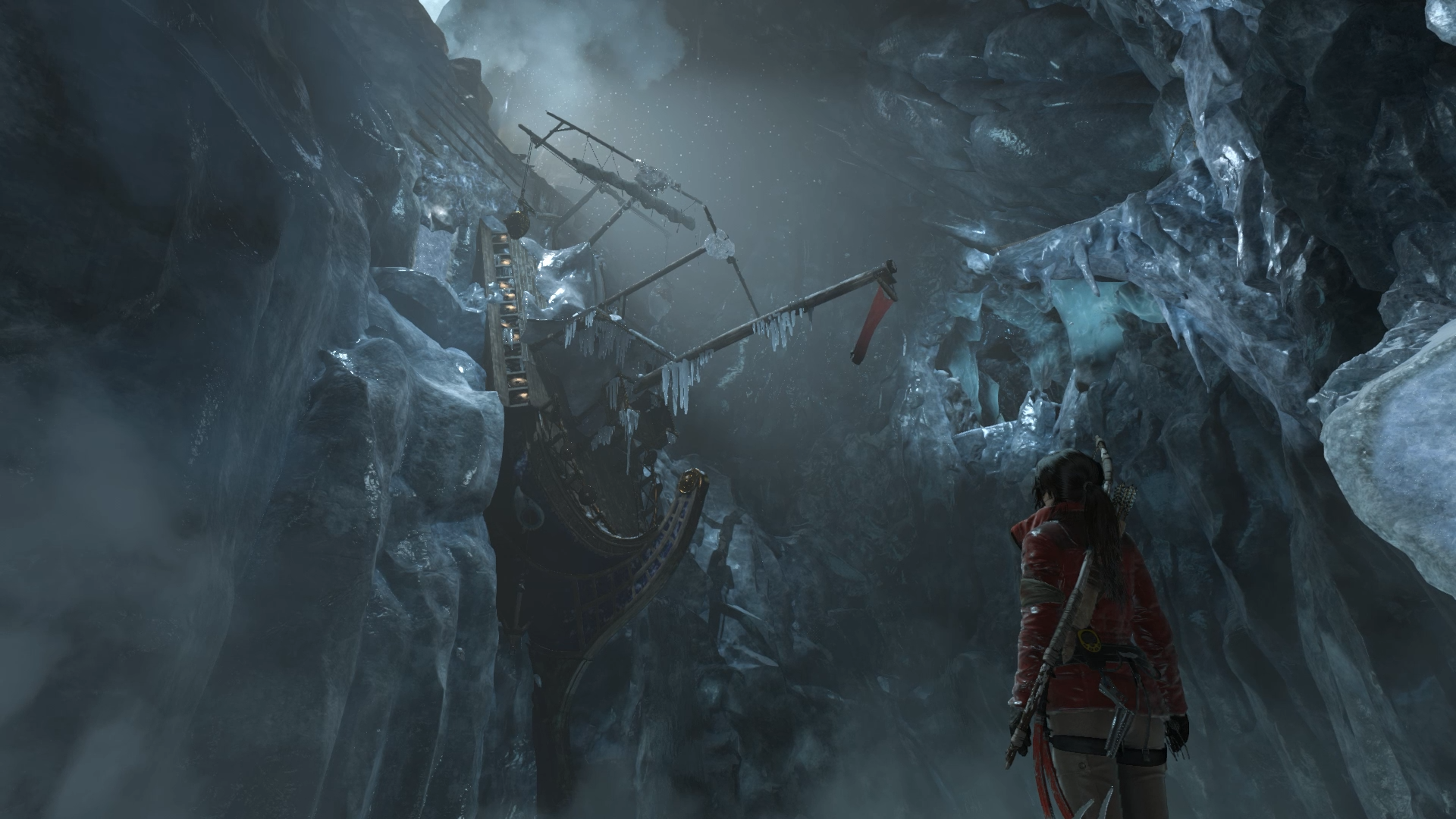 Lara Croft from Rise of the Tomb Raider in an ice cave with a shipwreck HD Wallpaper