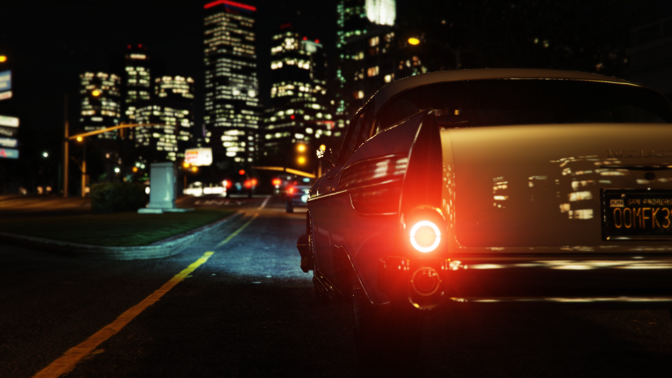 Vintage car at night in a city HD Wallpaper
