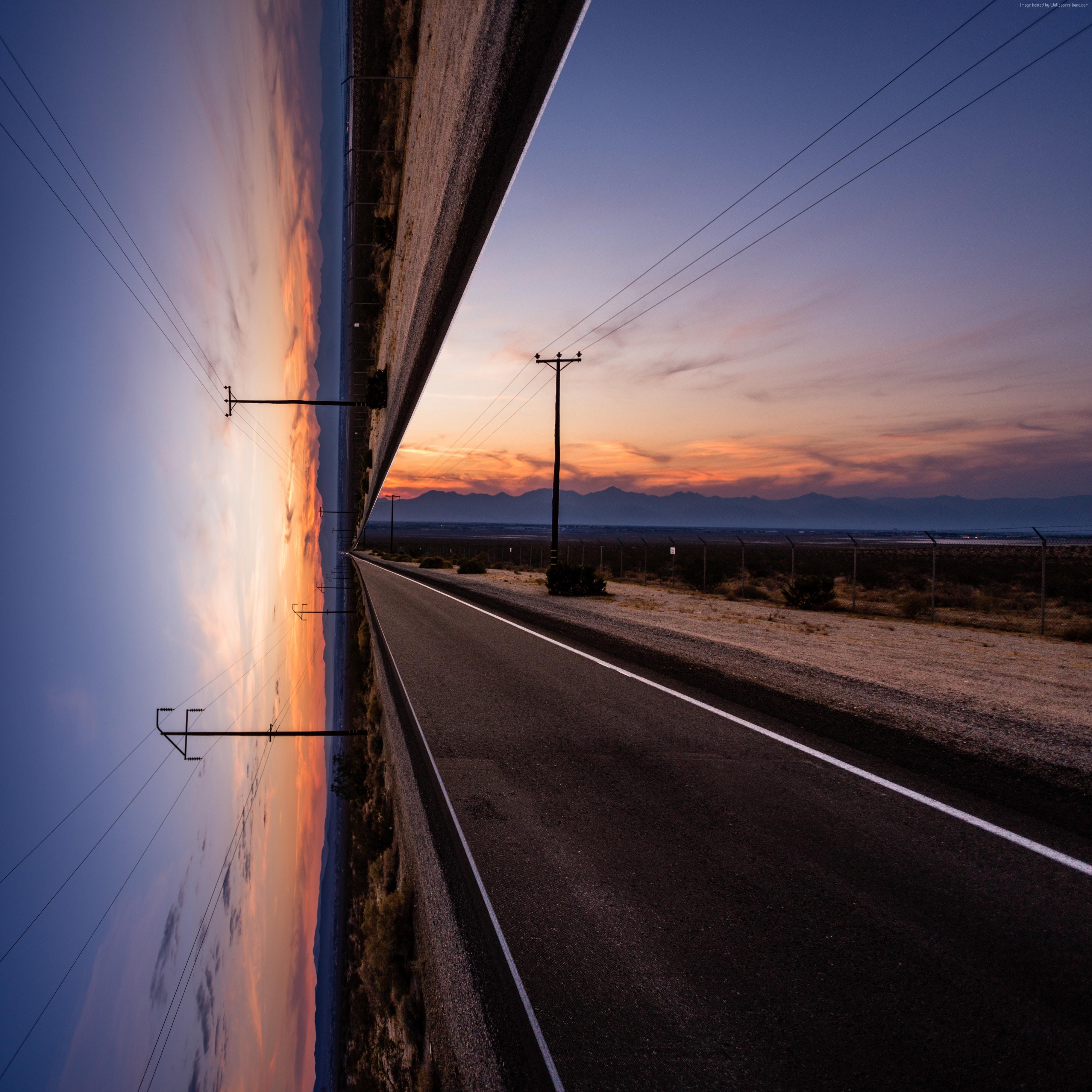 Road and power lines at sunset 4K HD Wallpaper