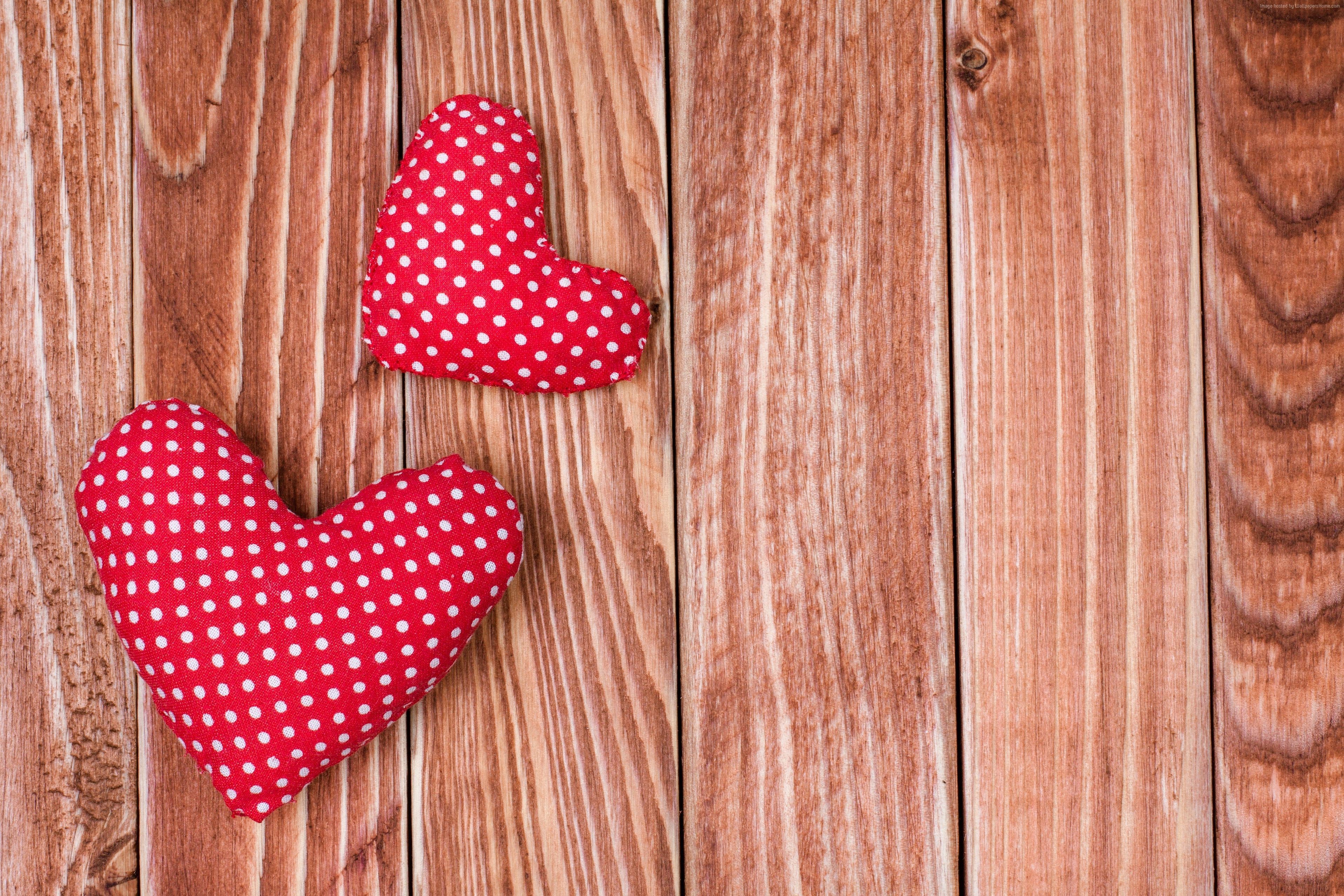 Two red polka dot hearts on wooden background HD Wallpaper