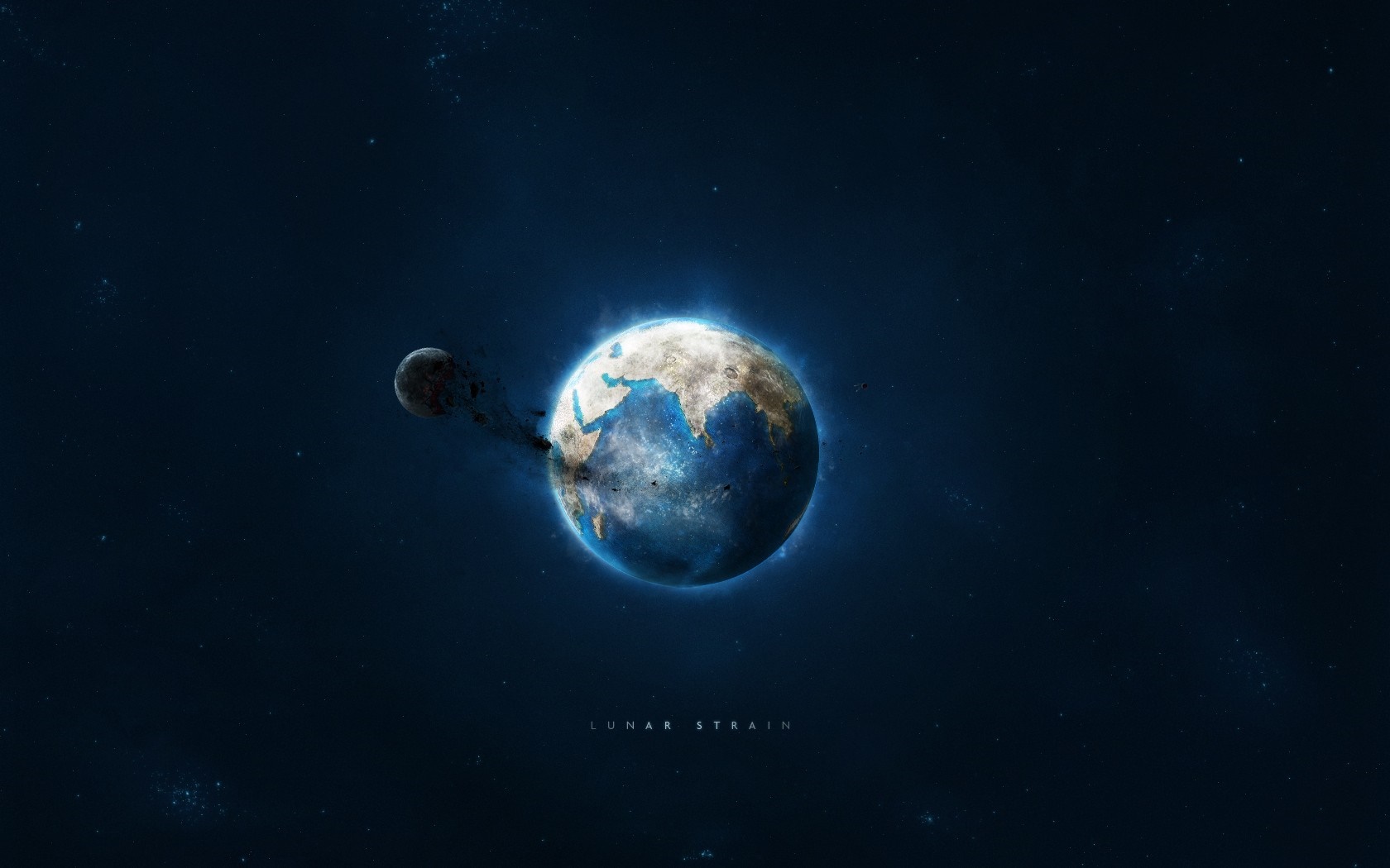 Earth and Moon in space with "Lunar Strain" text HD Wallpaper