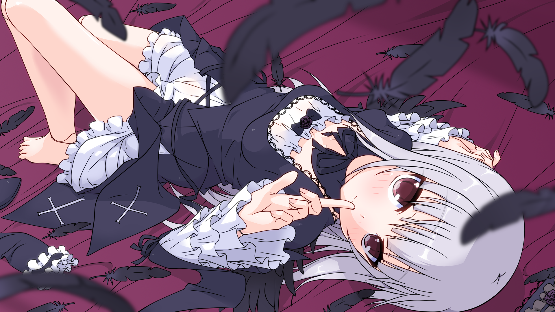 Suigintou from Rozen Maiden lying down with feathers HD Wallpaper