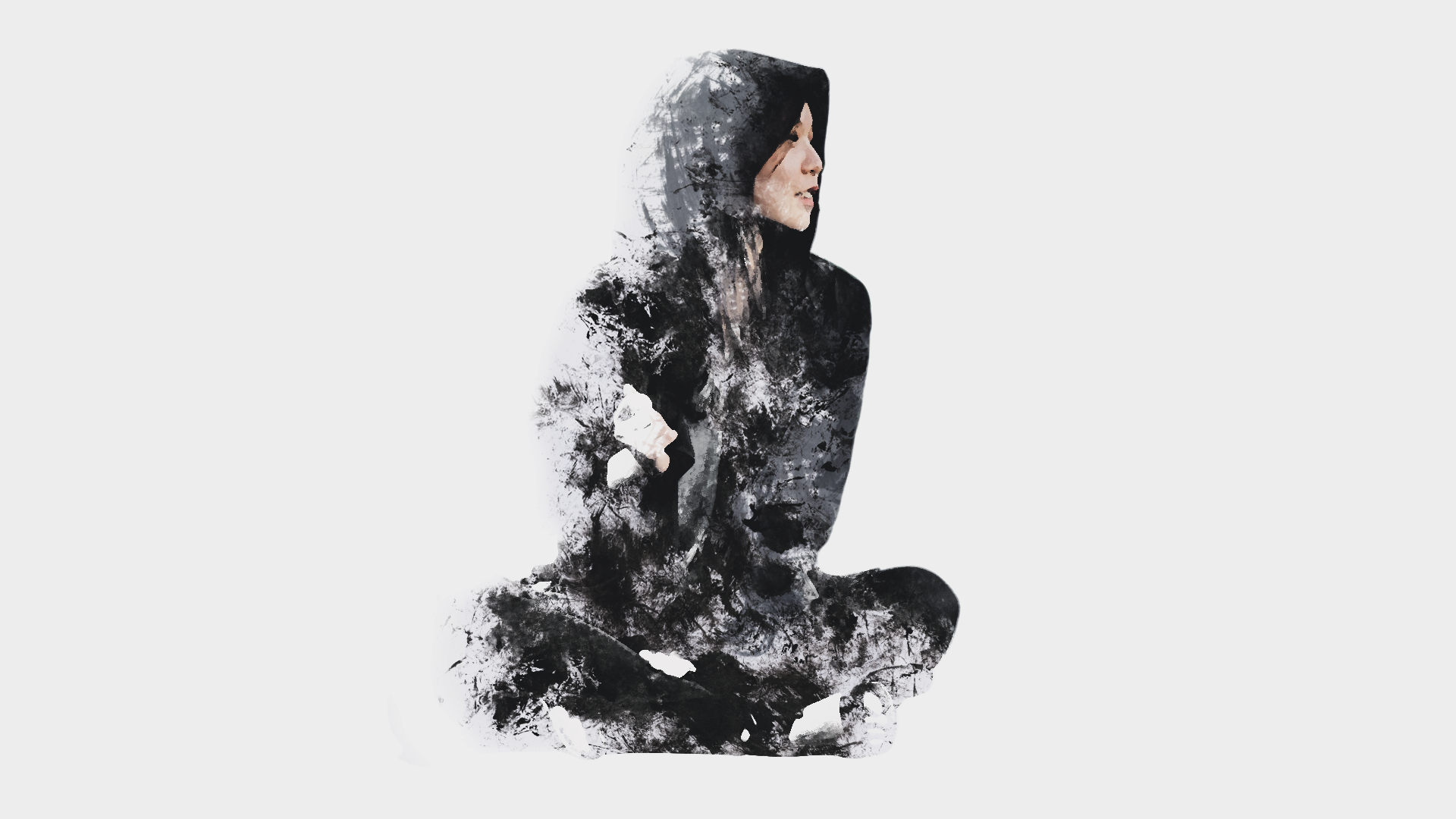 Abstract black and white drawing of a woman in a hoodie HD Wallpaper