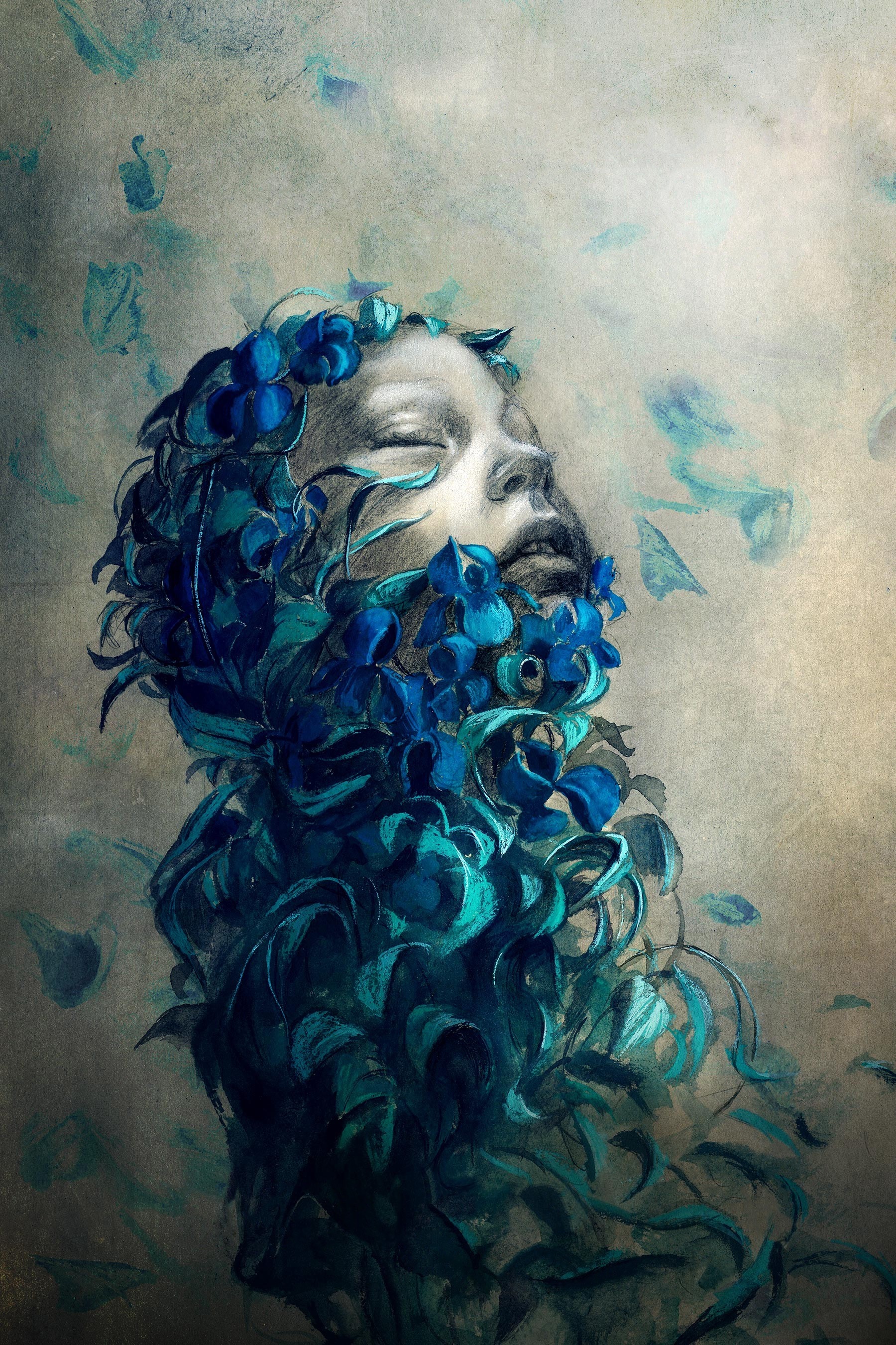Woman's face covered in blue flowers HD Wallpaper