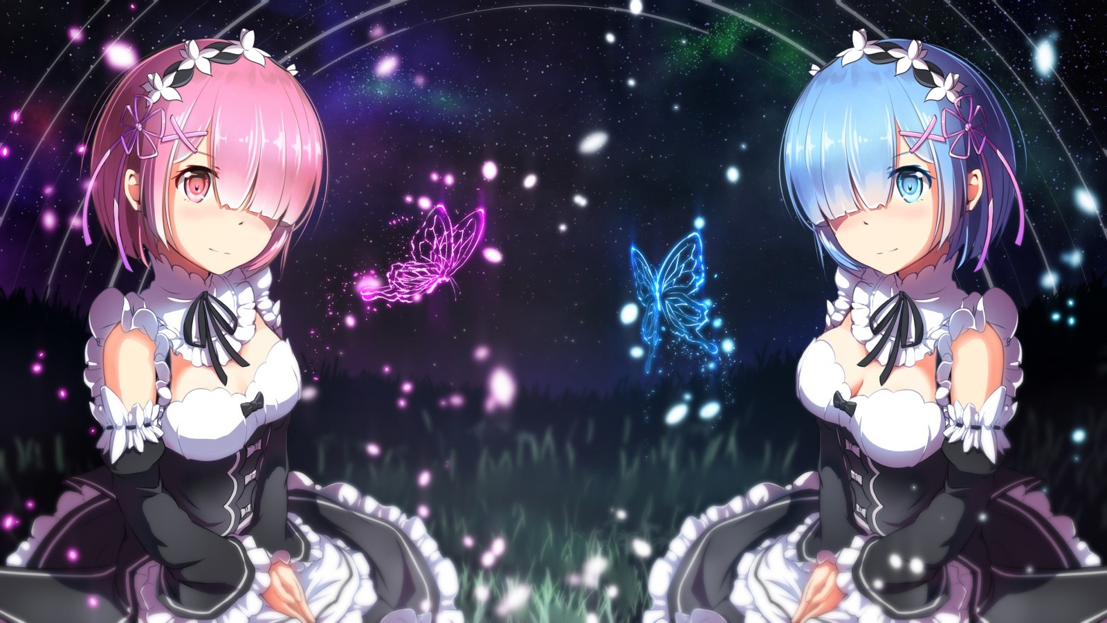 Ram and Rem from Re:Zero with glowing butterflies HD Wallpaper