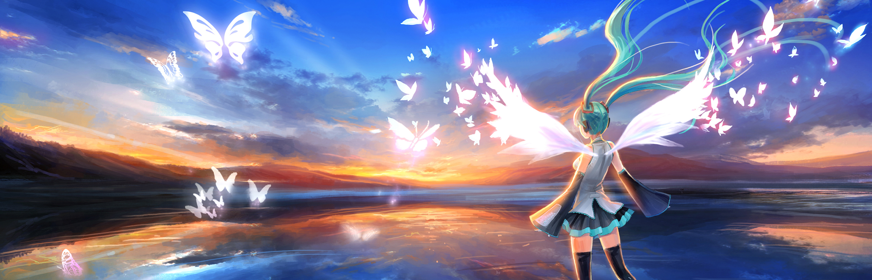 Hatsune Miku with glowing butterflies at sunset HD Wallpaper