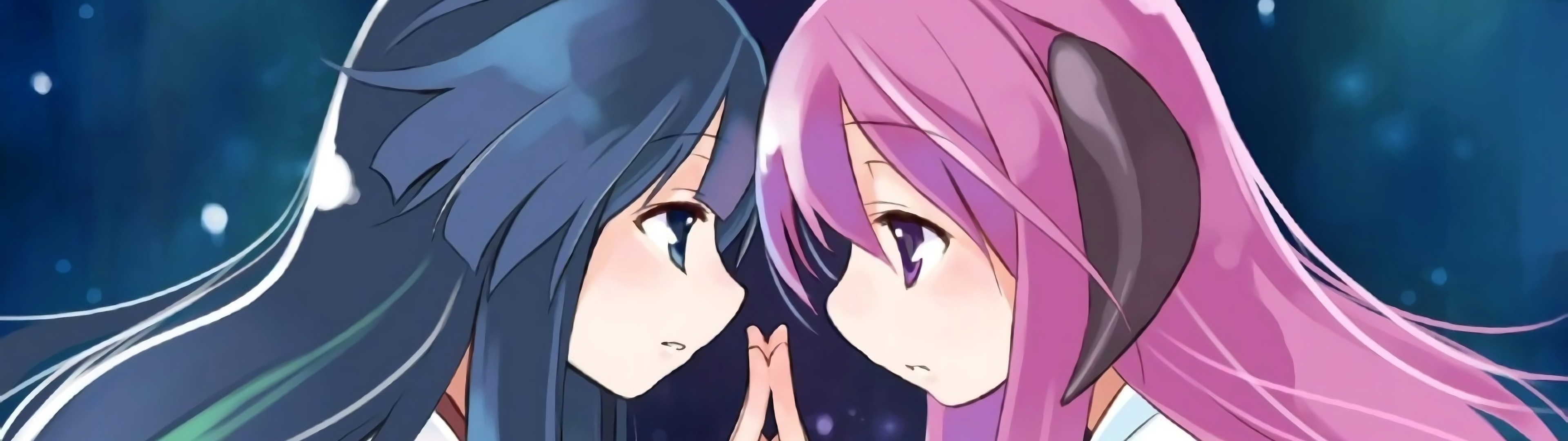 Two anime girls with dark blue and pink hair facing each other HD Wallpaper