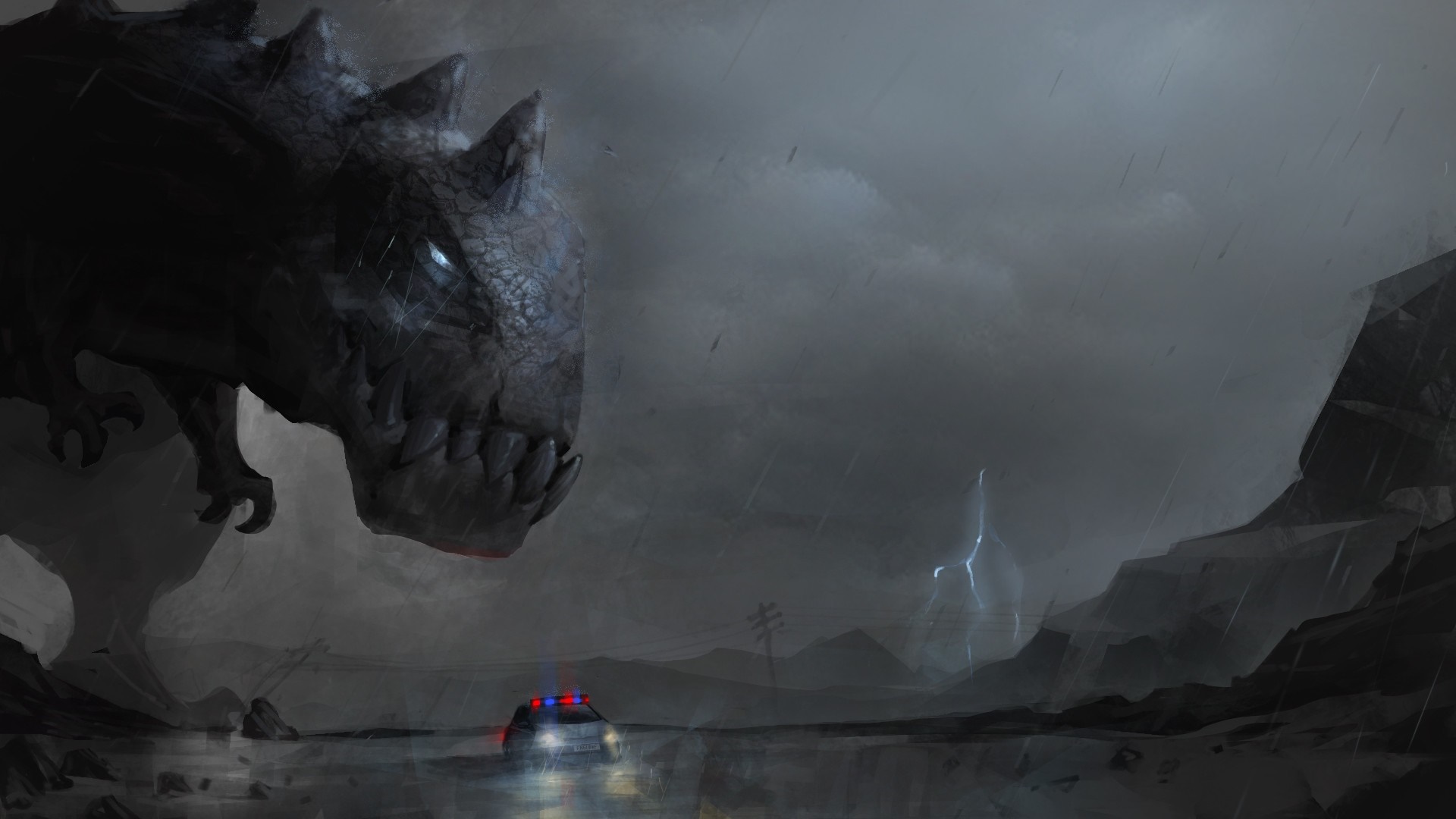 Dinosaur confronts police car in a thunderstorm HD Wallpaper