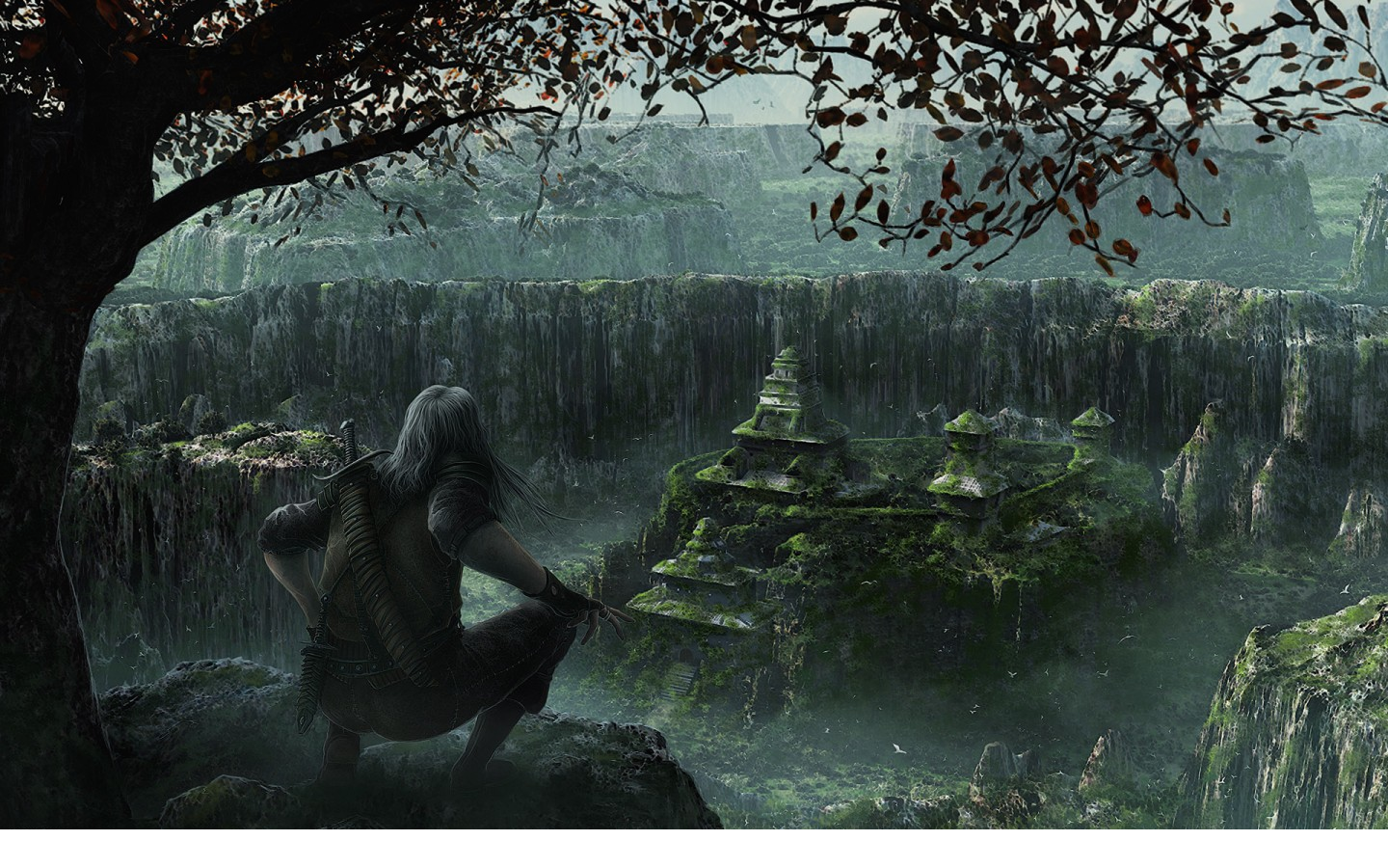 Warrior overlooking ancient moss-covered ruins in a misty canyon HD Wallpaper