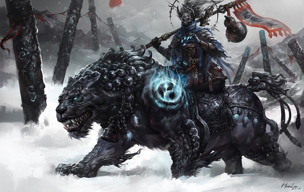 Warrior riding a black beast in a snowy landscape HD Wallpaper