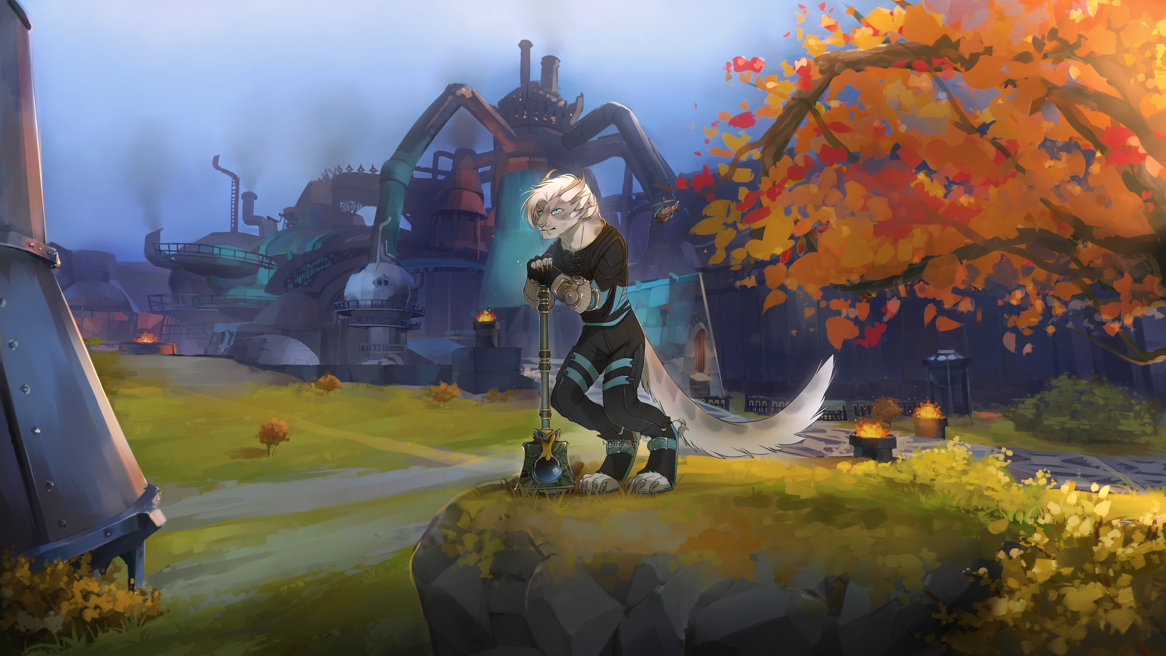 Furry character with hammer in industrial autumn landscape HD Wallpaper