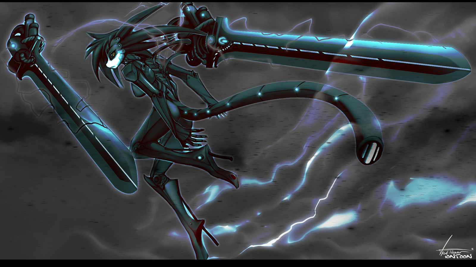Anthro character with futuristic swords and lightning HD Wallpaper