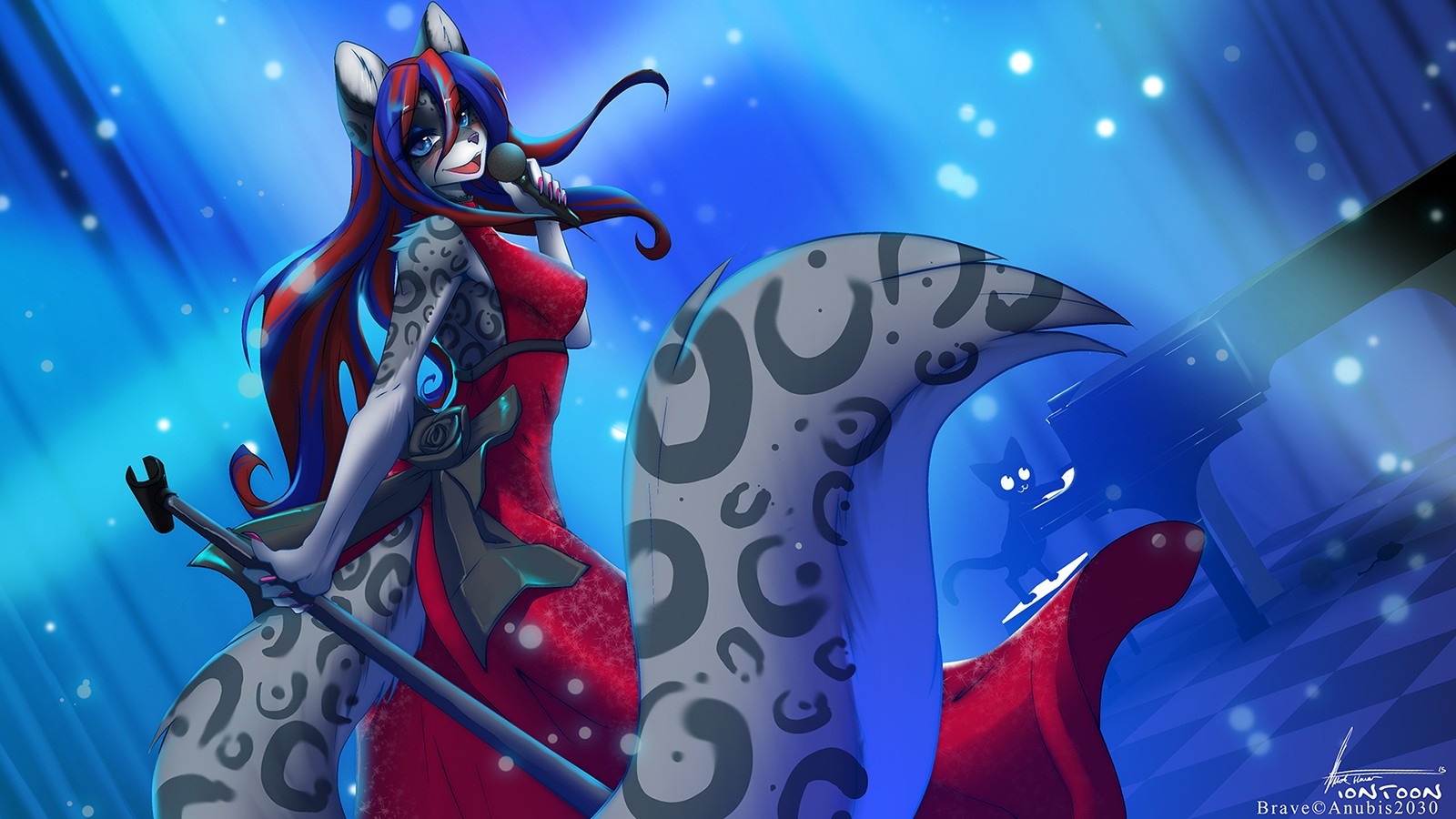 Furry singer in red dress with microphone and piano HD Wallpaper