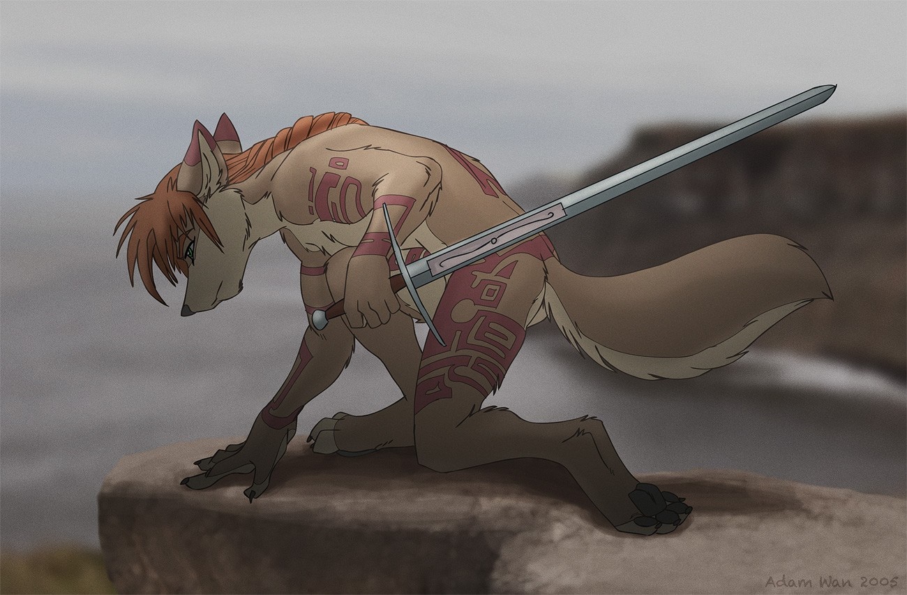 Furry character with sword on rocky outcrop HD Wallpaper