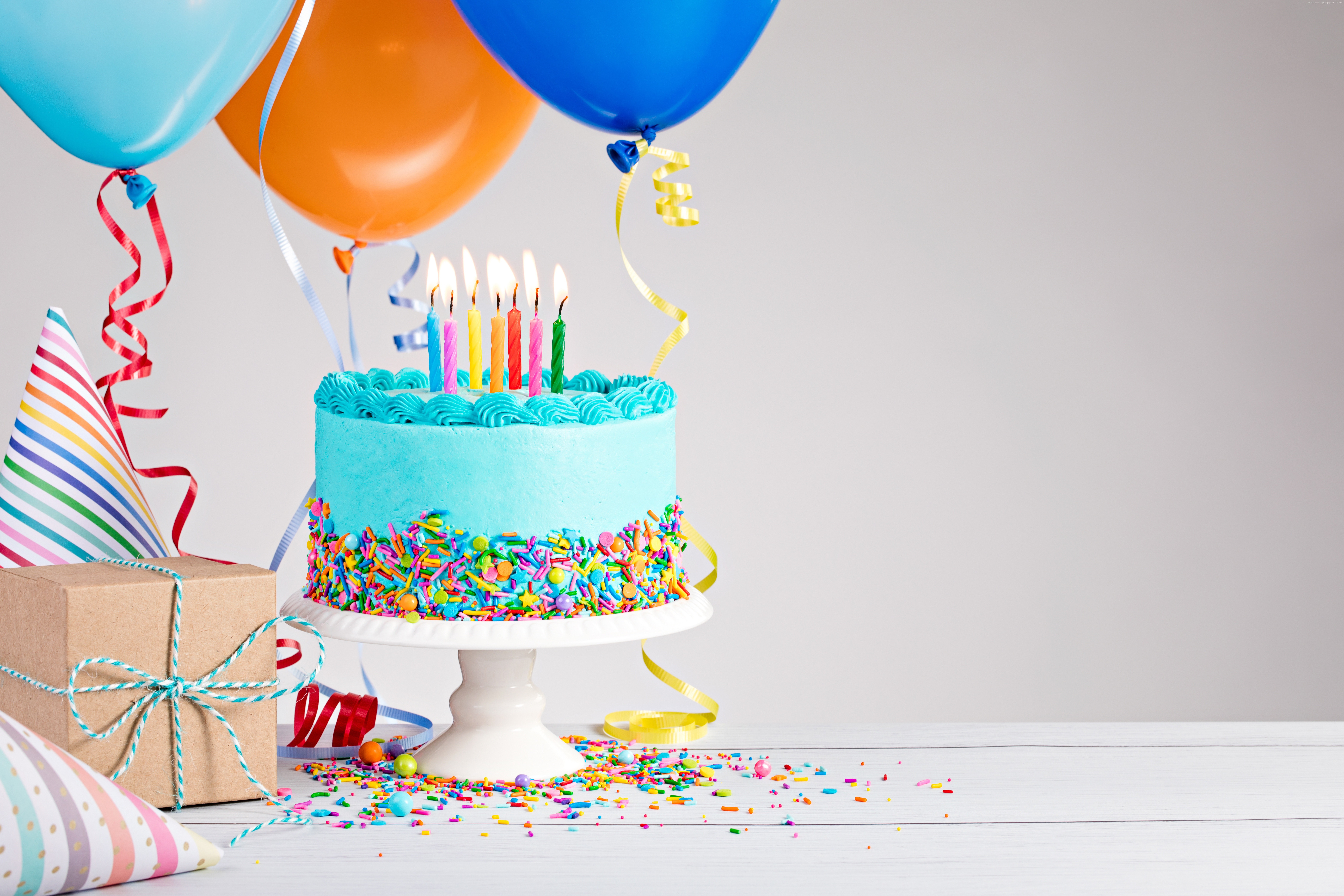 Birthday cake with candles and balloons HD Wallpaper