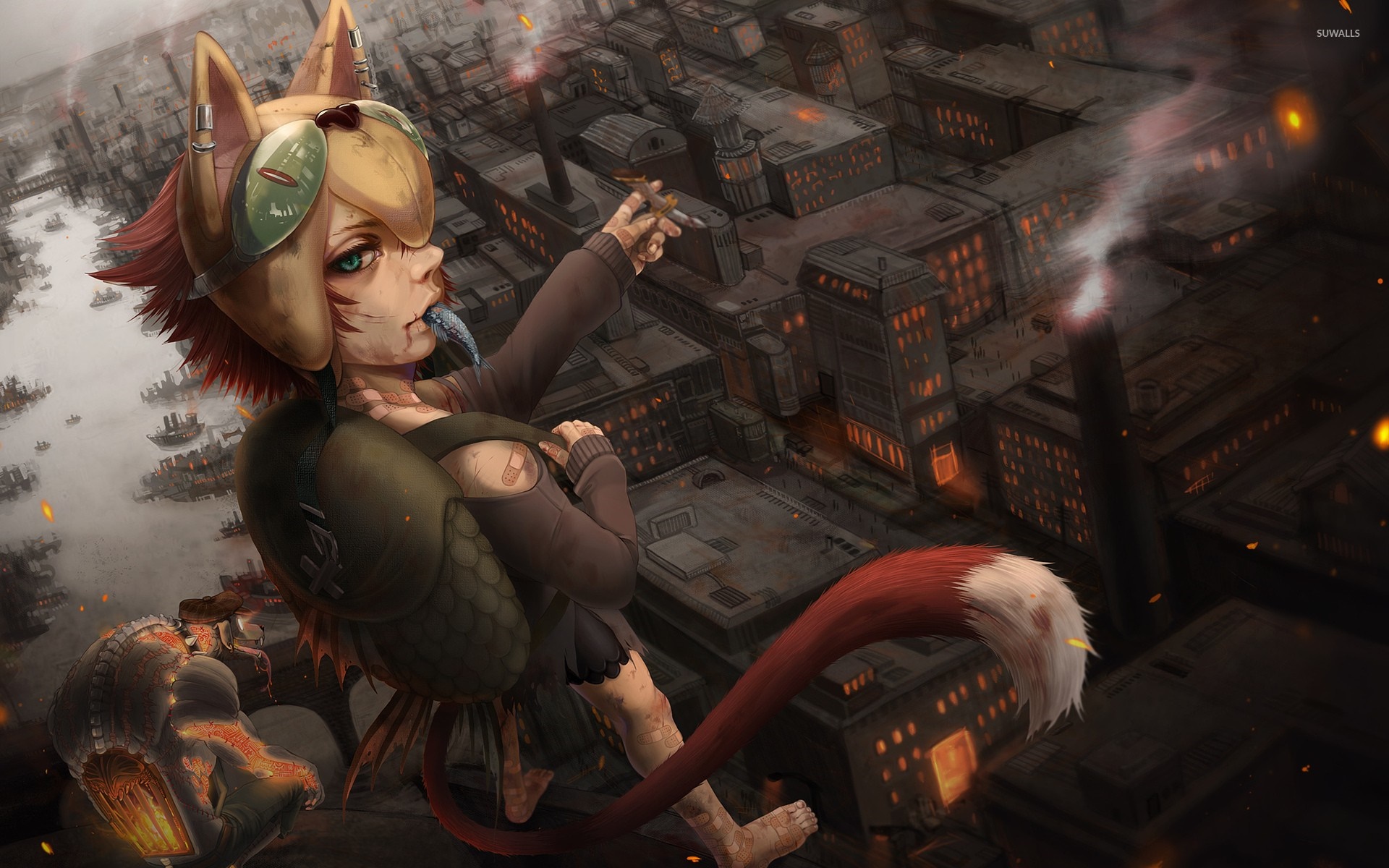 Anime girl with fox ears and tail in a city HD Wallpaper