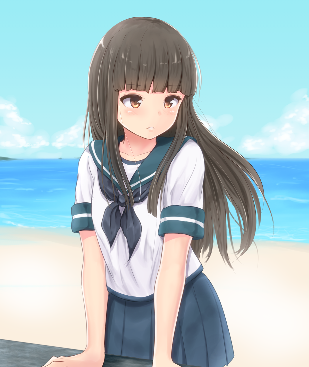 Anime girl in sailor uniform at the beach HD Wallpaper